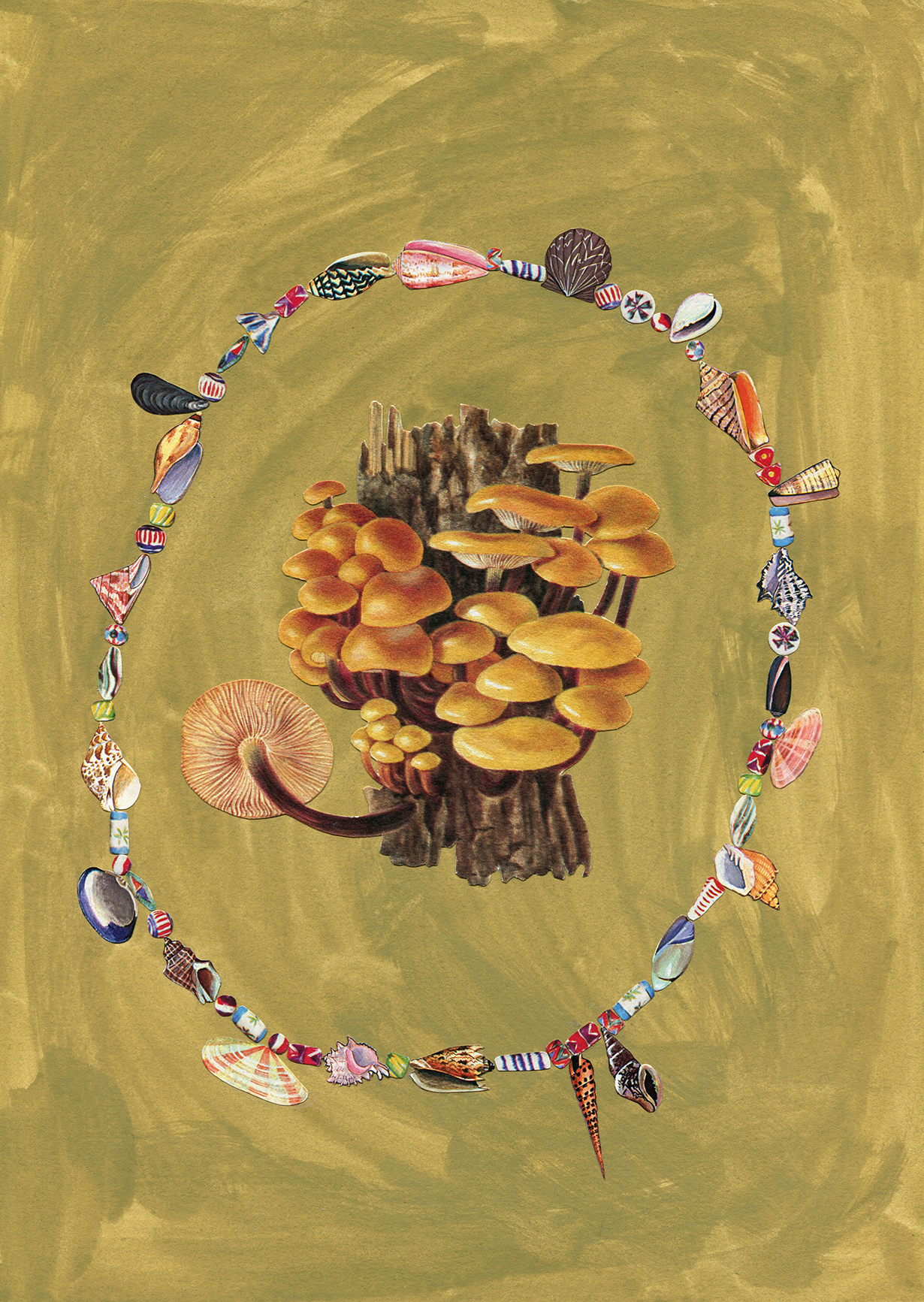 Mushrooms with Beaded Necklace # 1, 2020, collage, found paper, acrylic gouache, 210mm x 297mm