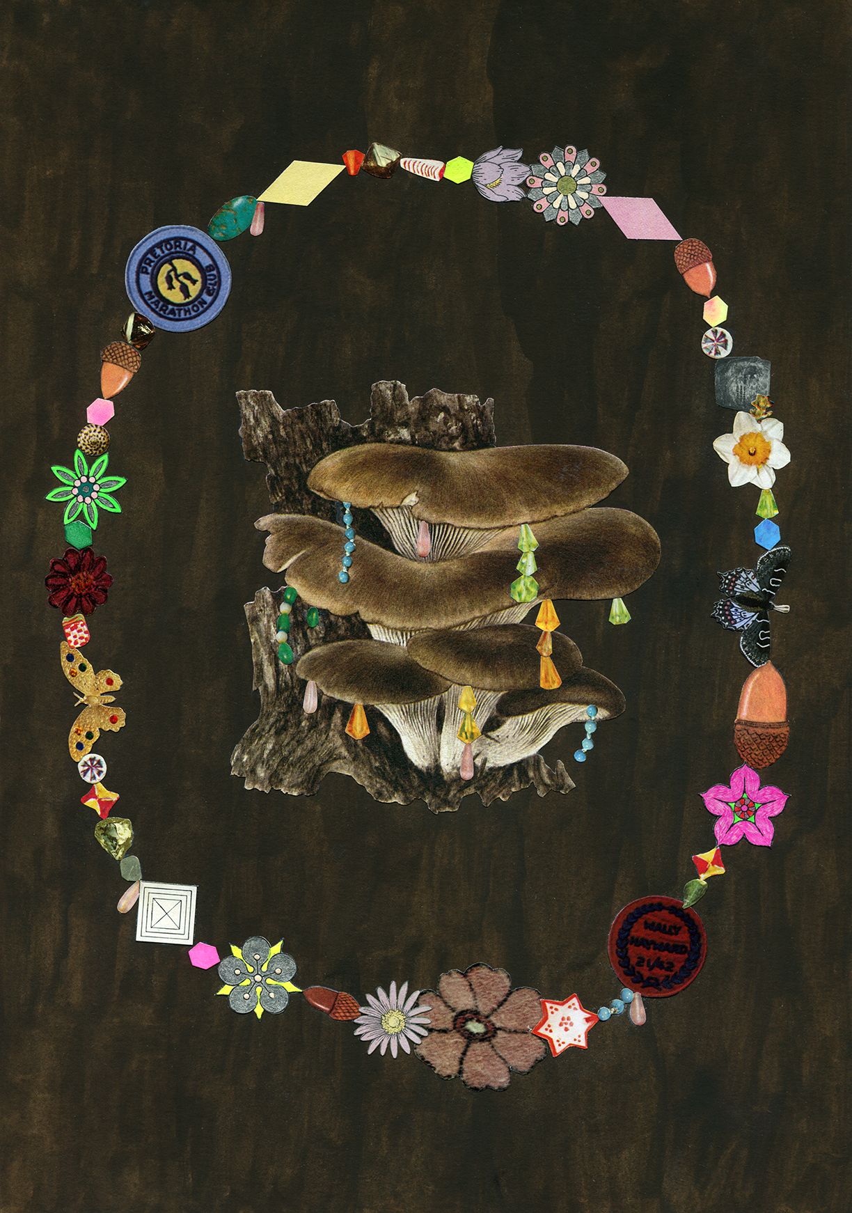 Mushrooms with Beaded Necklace # 4, 2020, collage, found paper, acrylic gouache, 210mm x 297mm