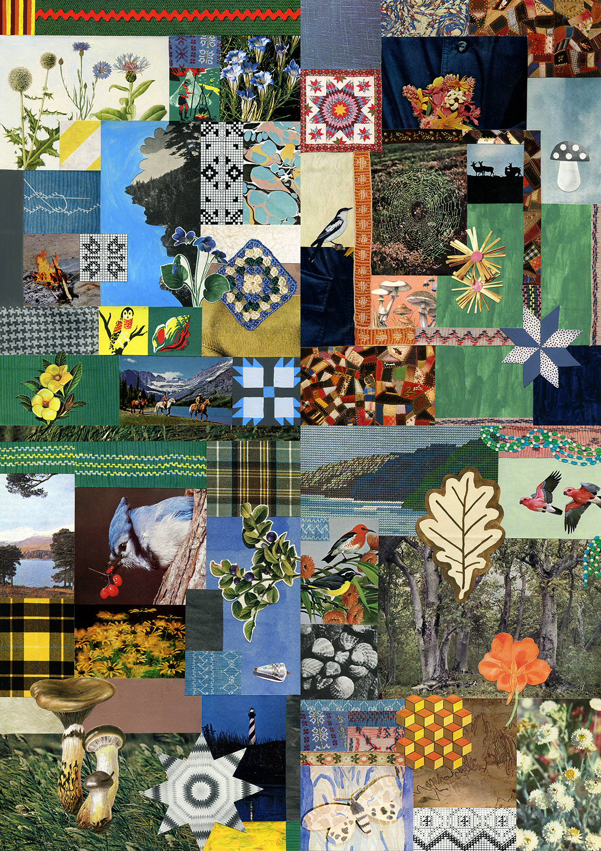 Collage patchwork quilt # 3, 2020 - 2021, digitally printed collage on cotton, bamboo interior, cotton and linen blend fabric