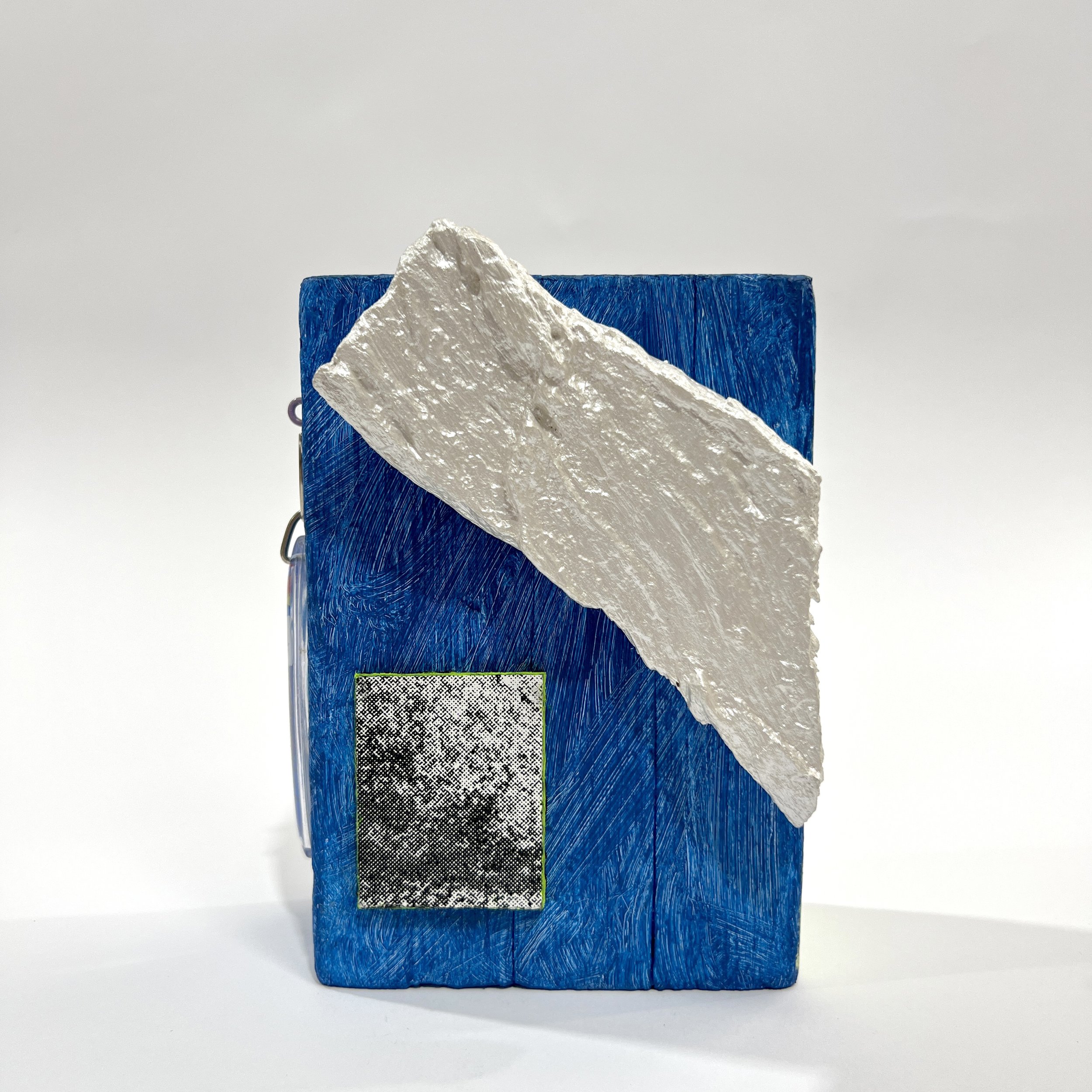 Hawaii, 2024, Acrylic, Japanese acrylic gouache, screenprint on board, driftwood, found keyring, sand, steel nail, enamel, H 15 x W 17 x D 6.5cm