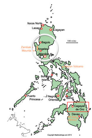 The island nation of the Philippines with Baguio and Manila shown within the circled area.
