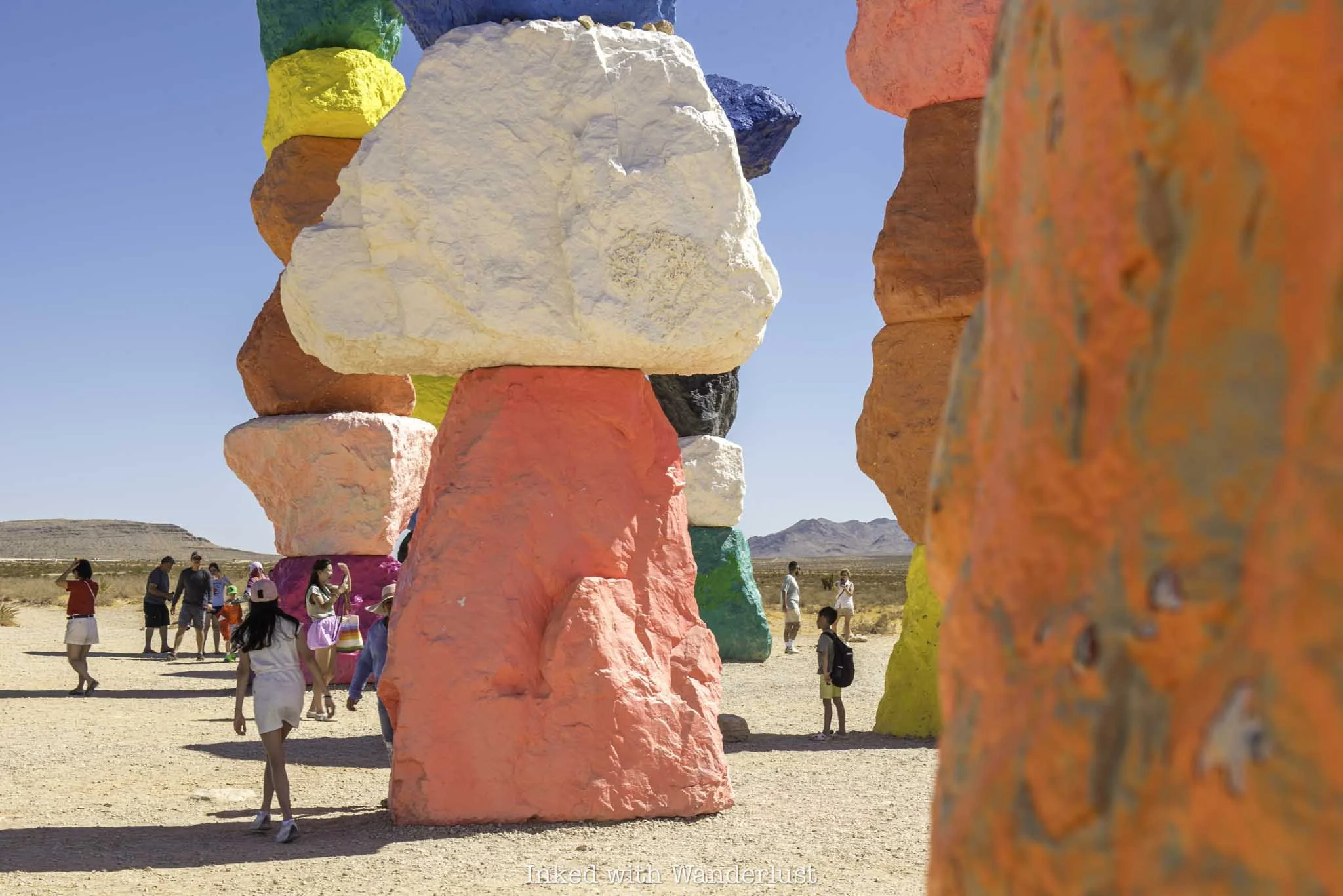 A close up of the Seven Magic Mountain pillars near Las Vegas.