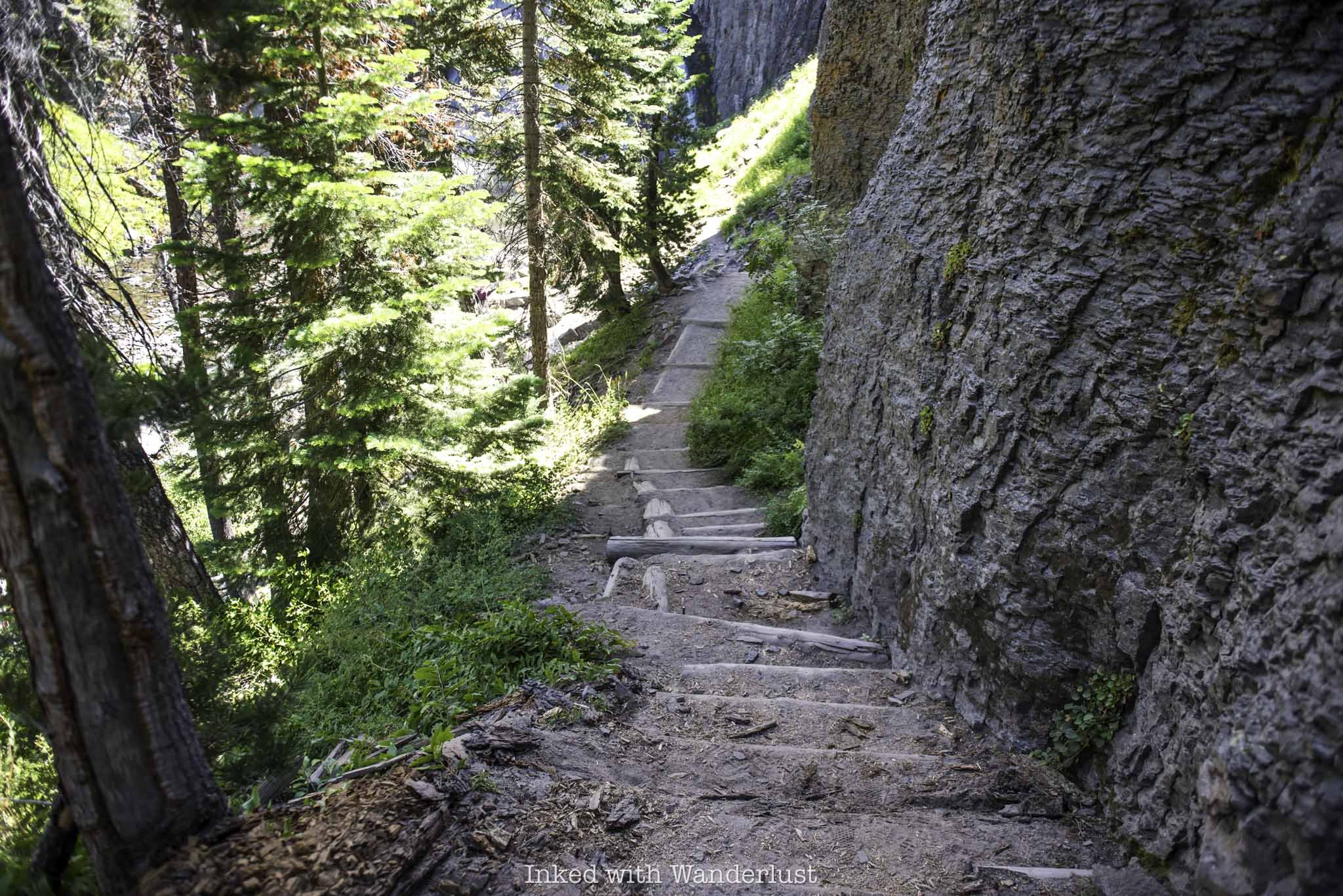 A portion of the trail leading down to the base of Rainbow Falls in California.