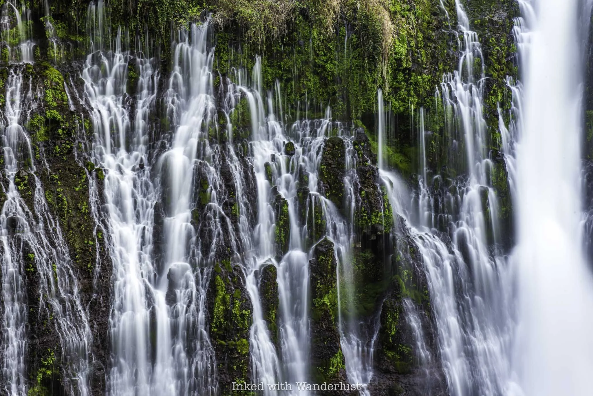 A close up view of a portion of Burney Falls.