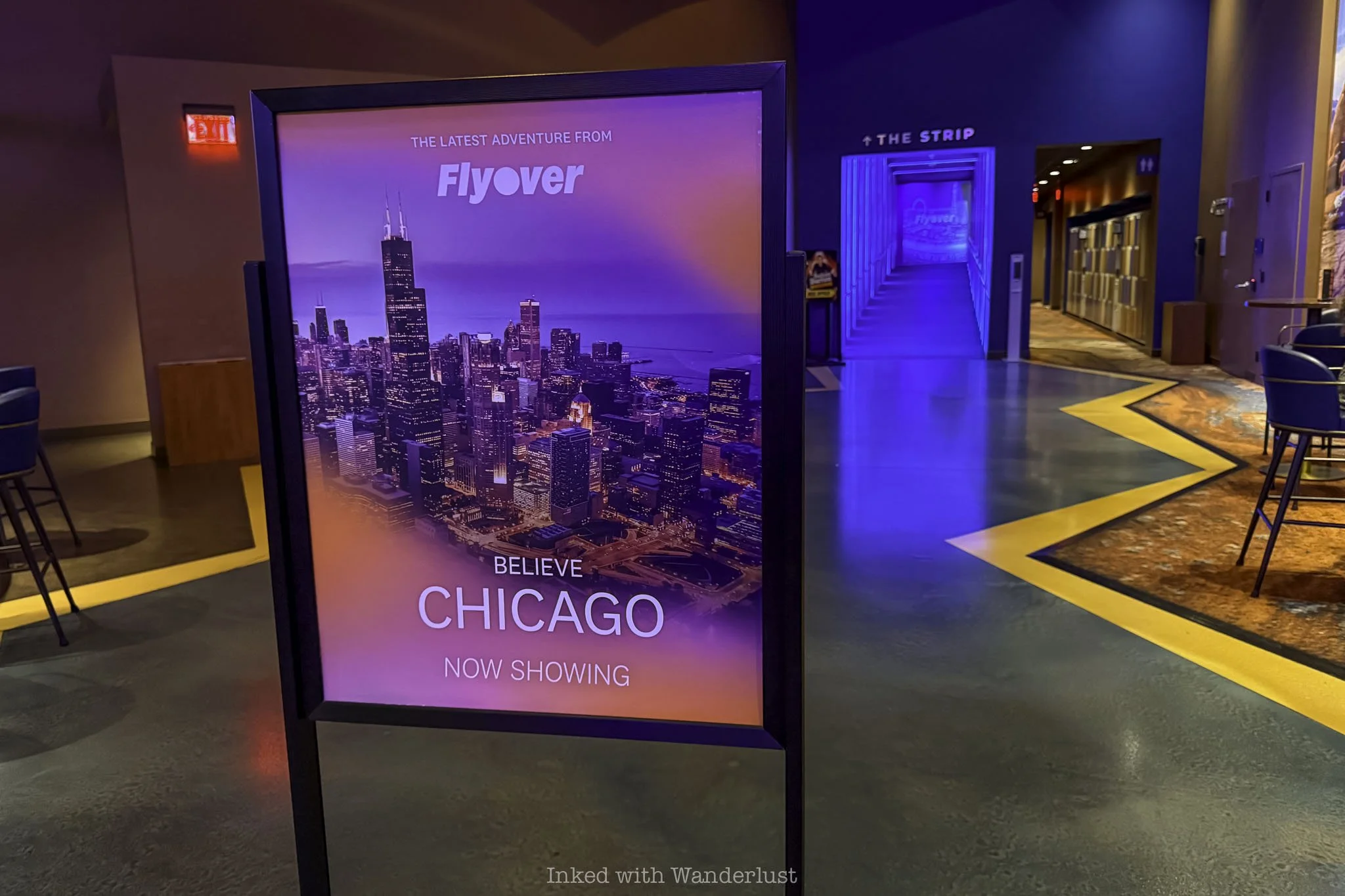 A sign advertising the Chicago experience at Flyover Las Vegas.