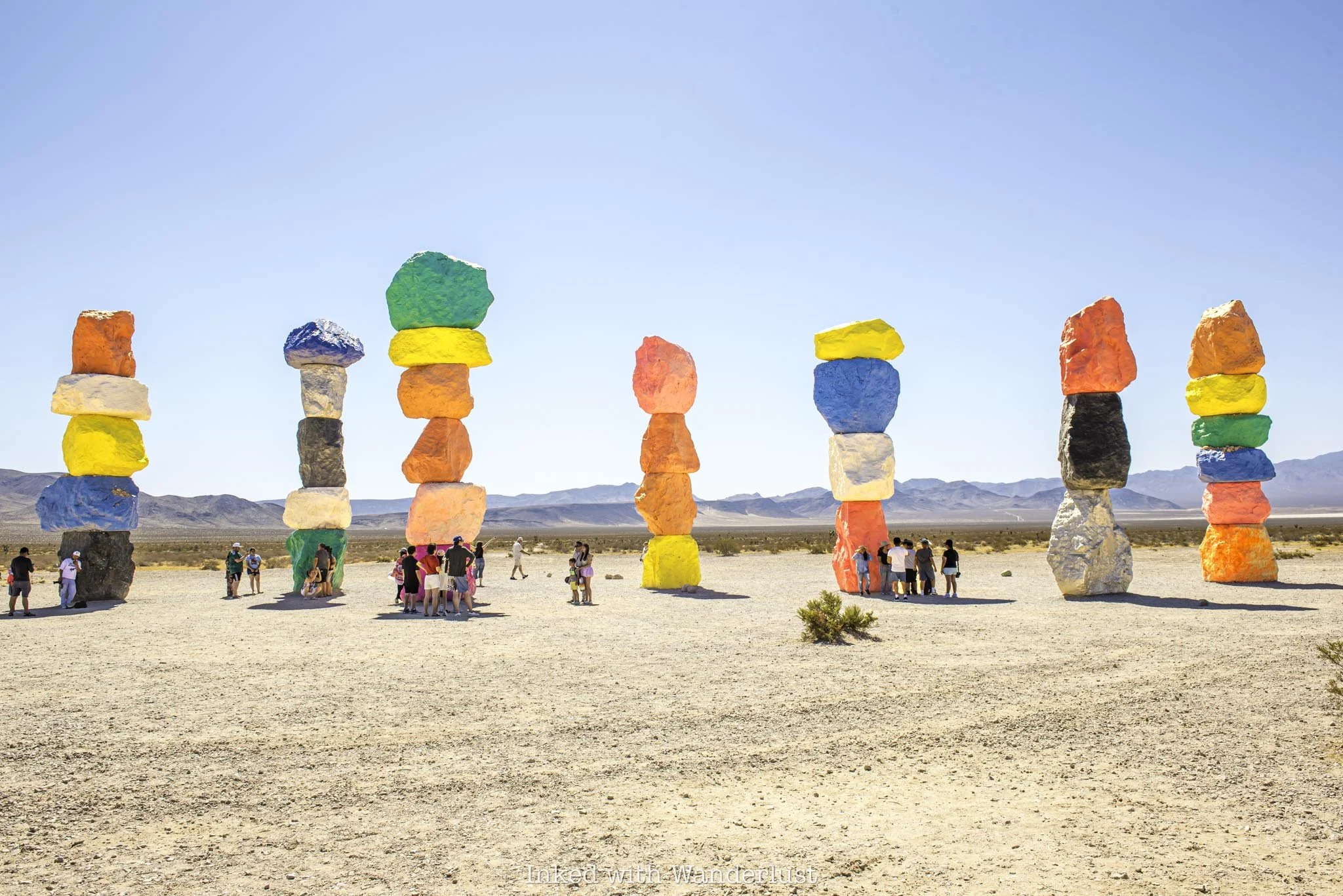 A wide shot of Seven Magic Mountains near Las Vegas.