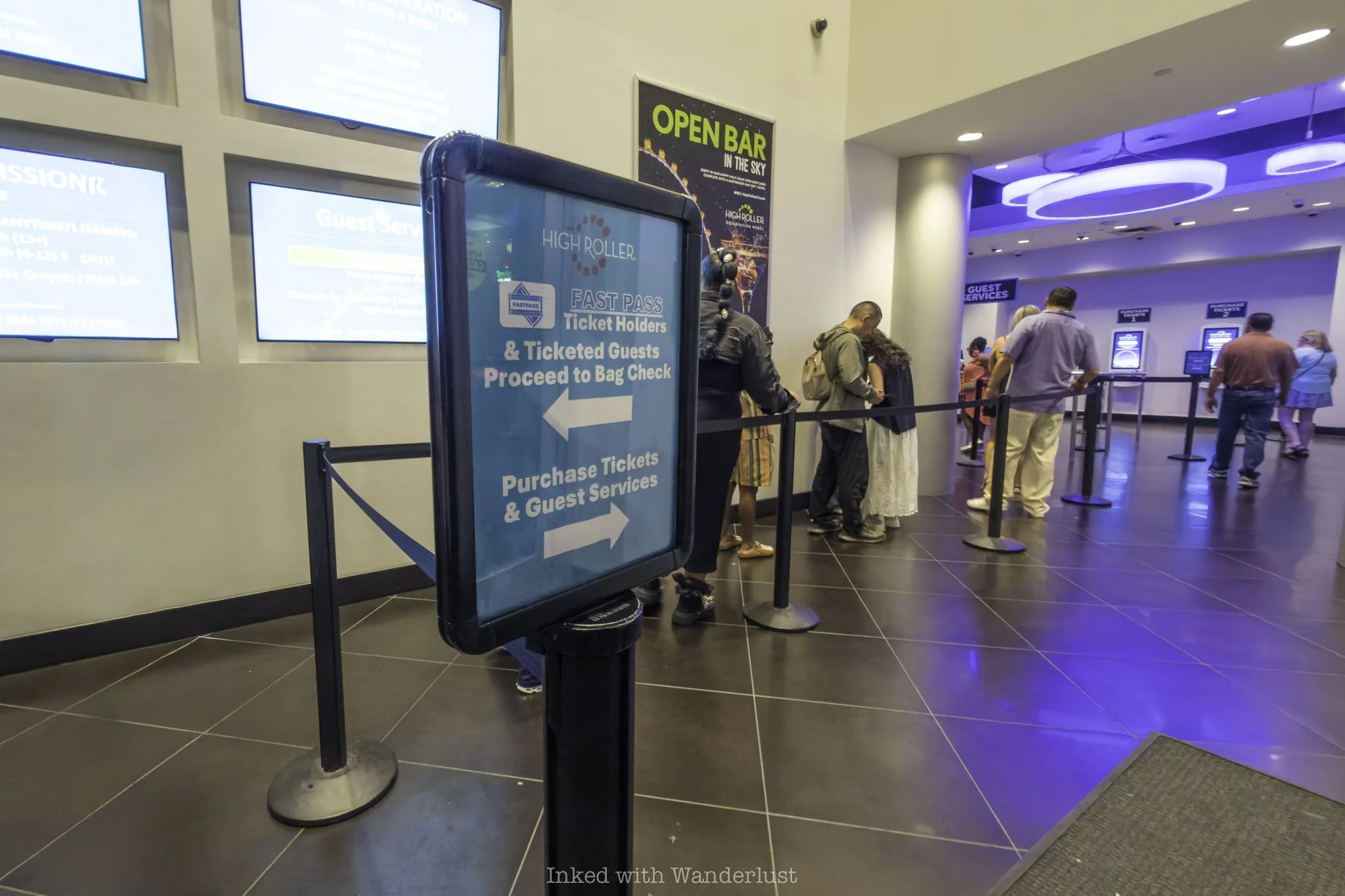 The queue line for bag check at High Roller Las Vegas.