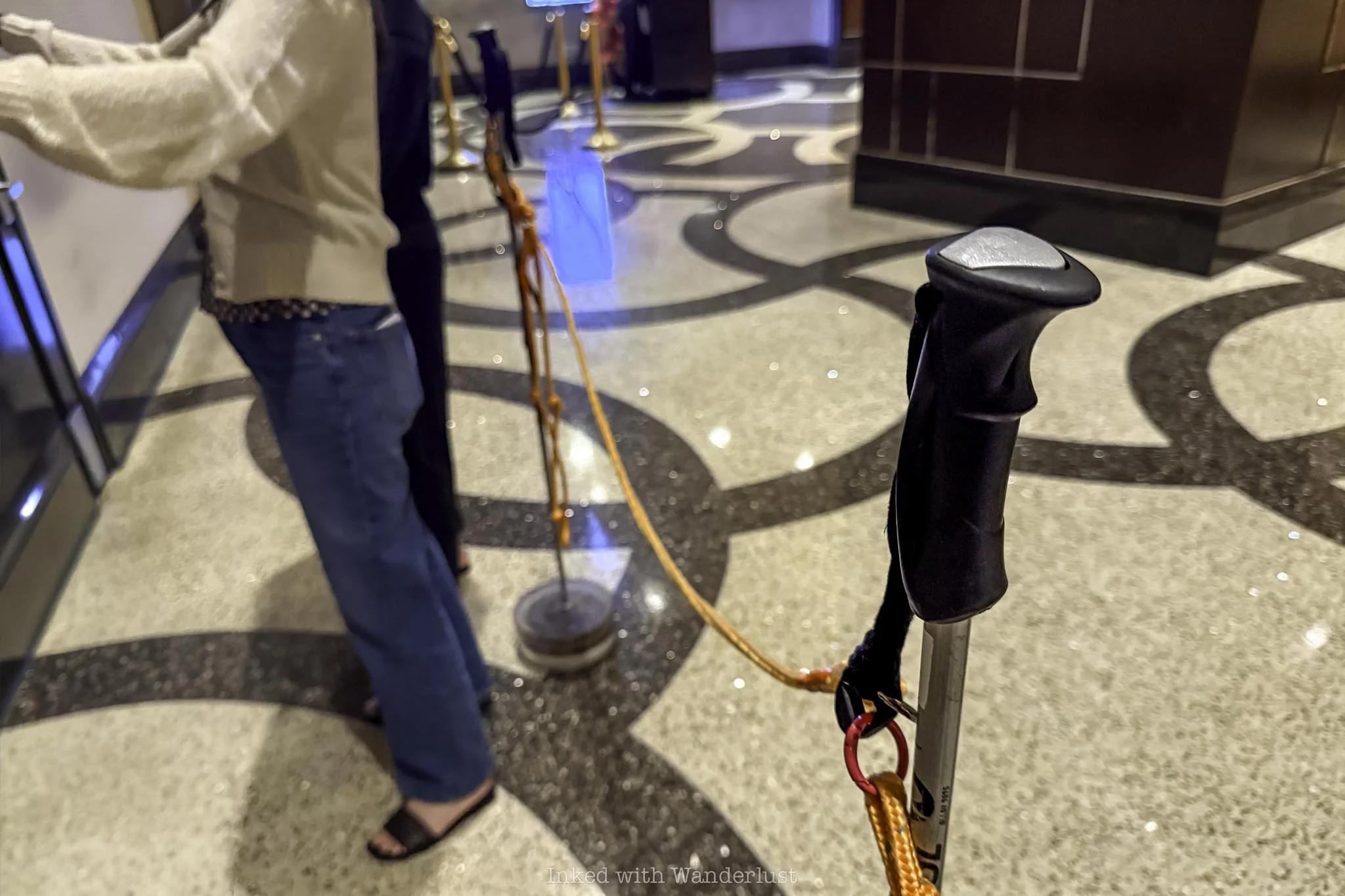 Trekking pole-themed queue line for Ski Lodge speakeasy in Las Vegas.