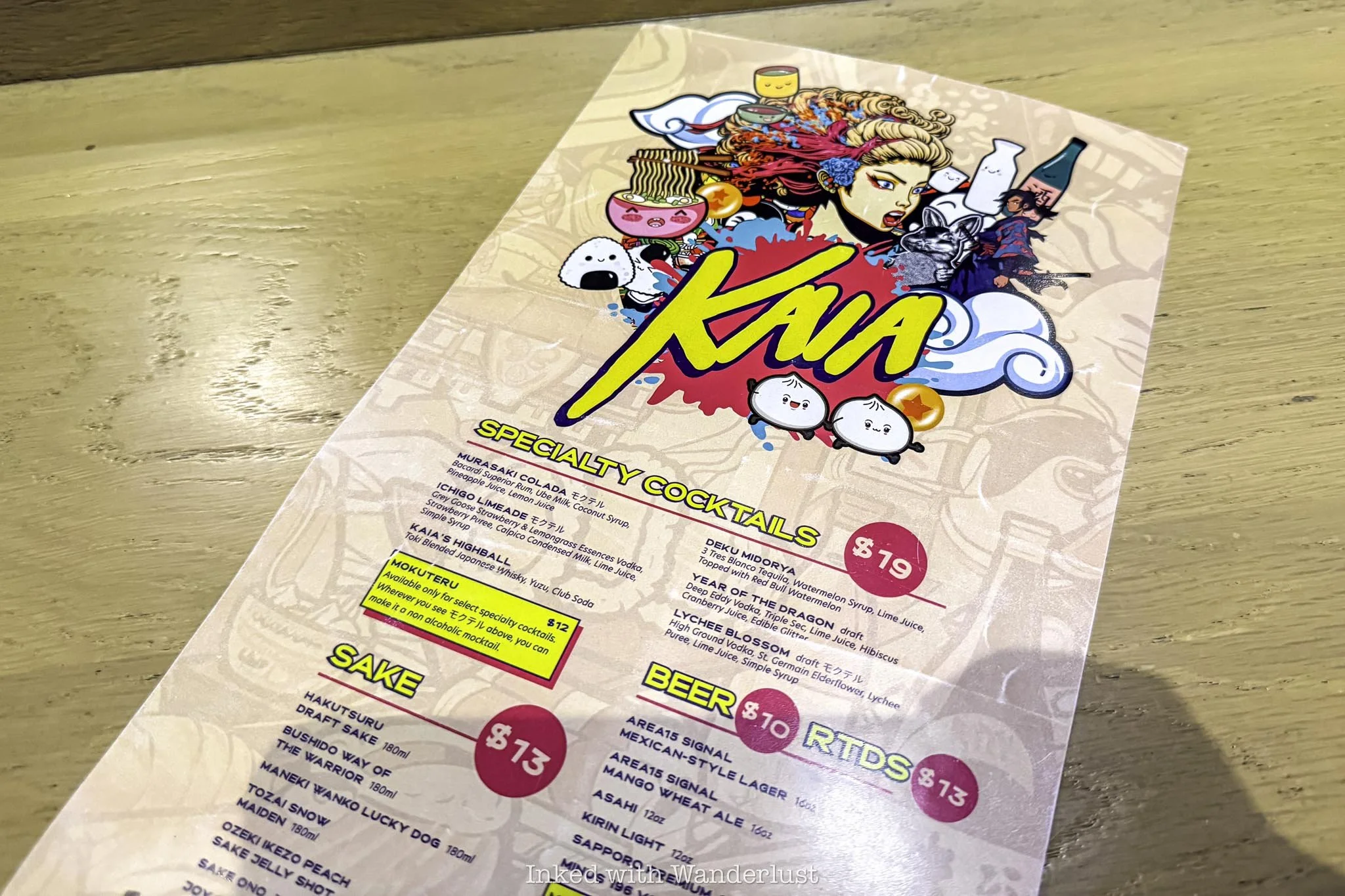 The menu at Kaia restaurant at Area 15.