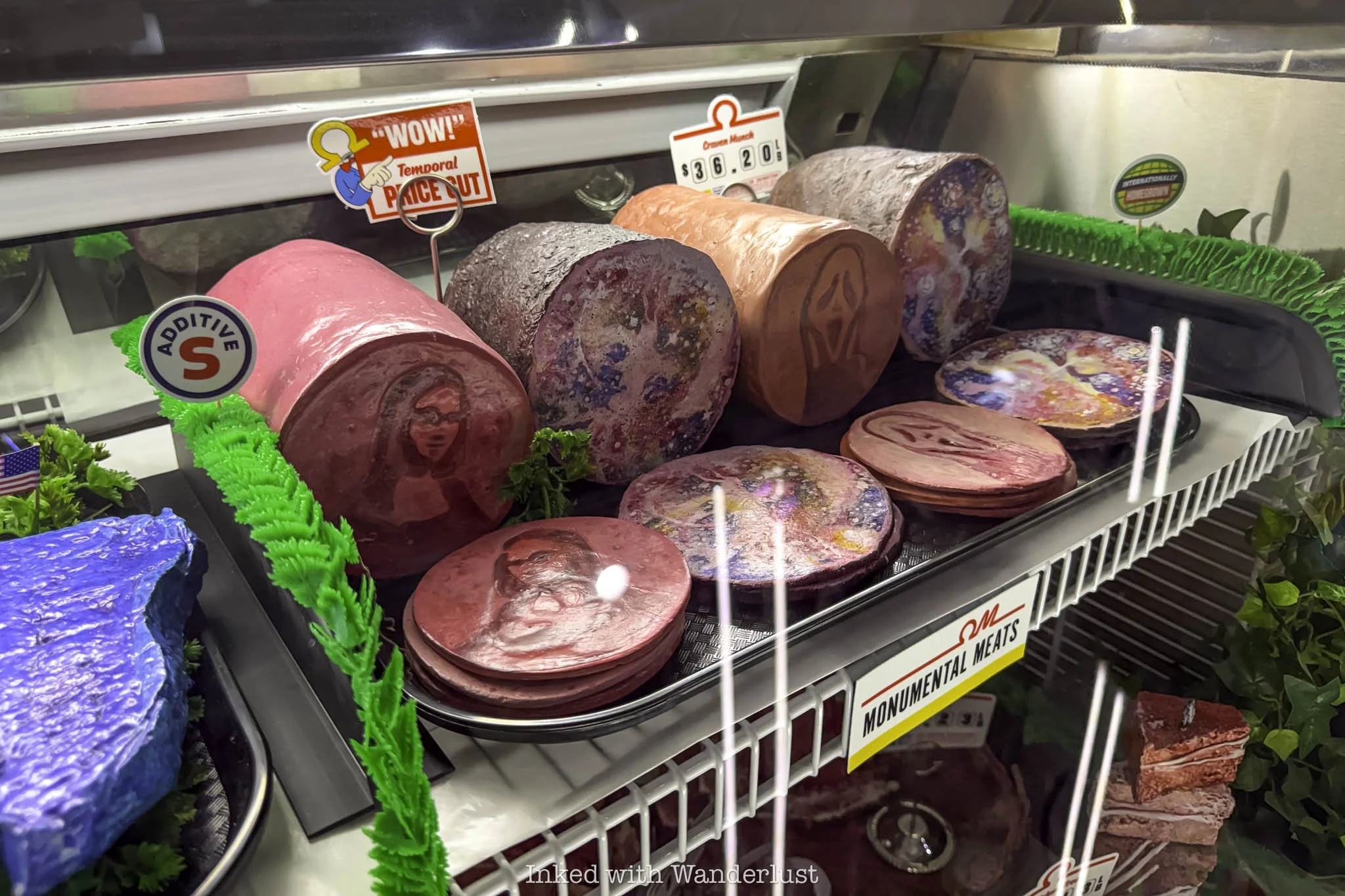 A twisted meat case at Omega Mart in Las Vegas.
