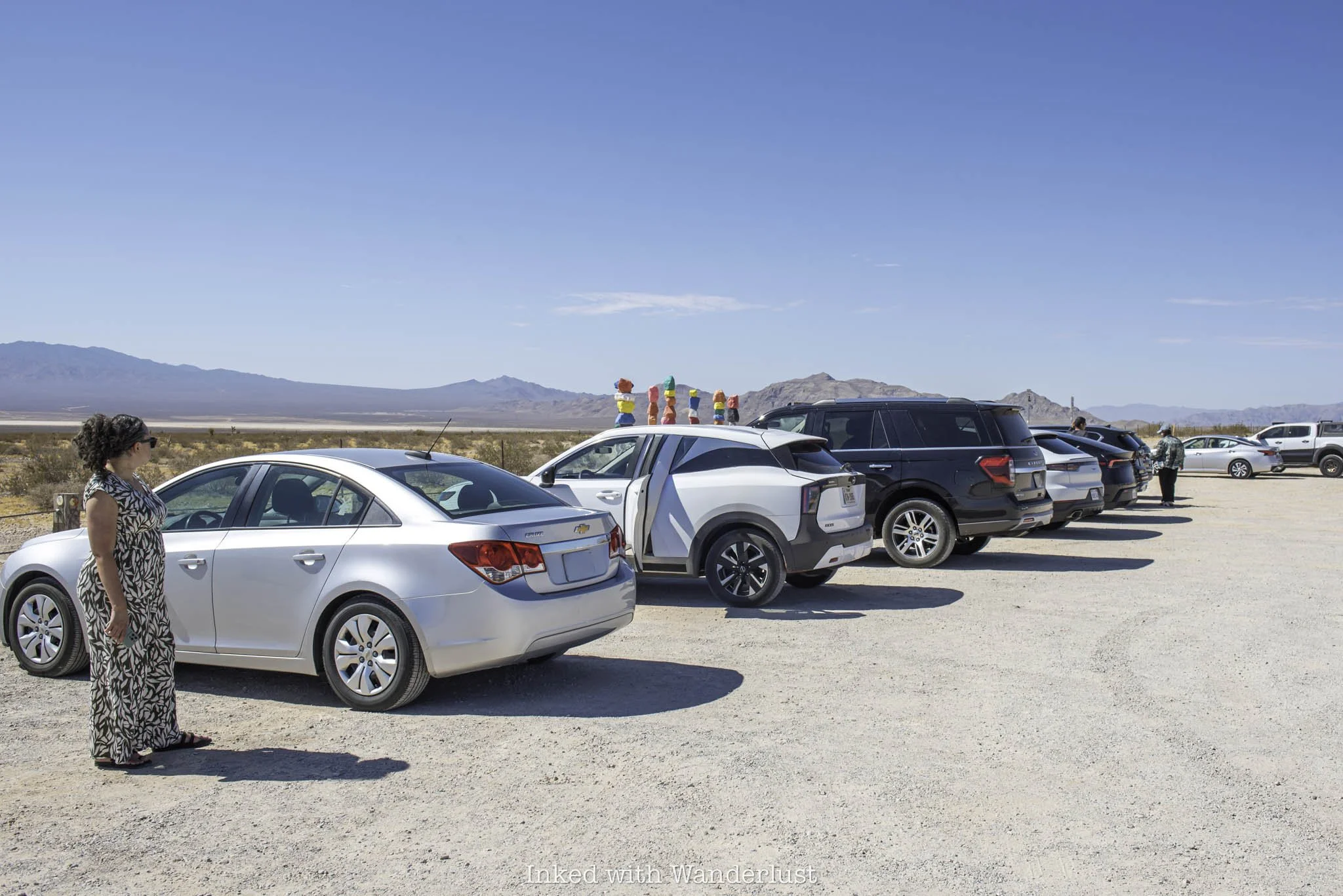 The parking lot at Seven Magic Mountains near Las Vegas.