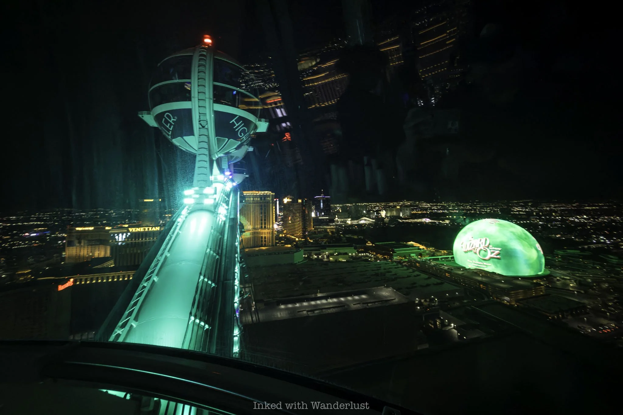 A view of the Las Vegas Sphere from High Roller at night.
