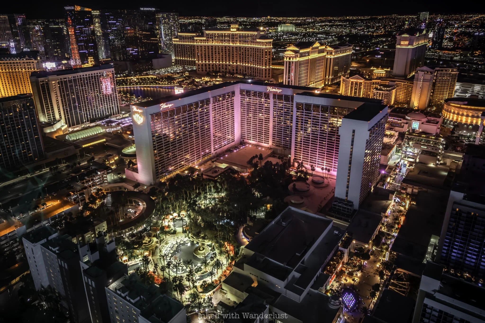 The Flamingo Hotel at night as viewed from above on the High Roller.