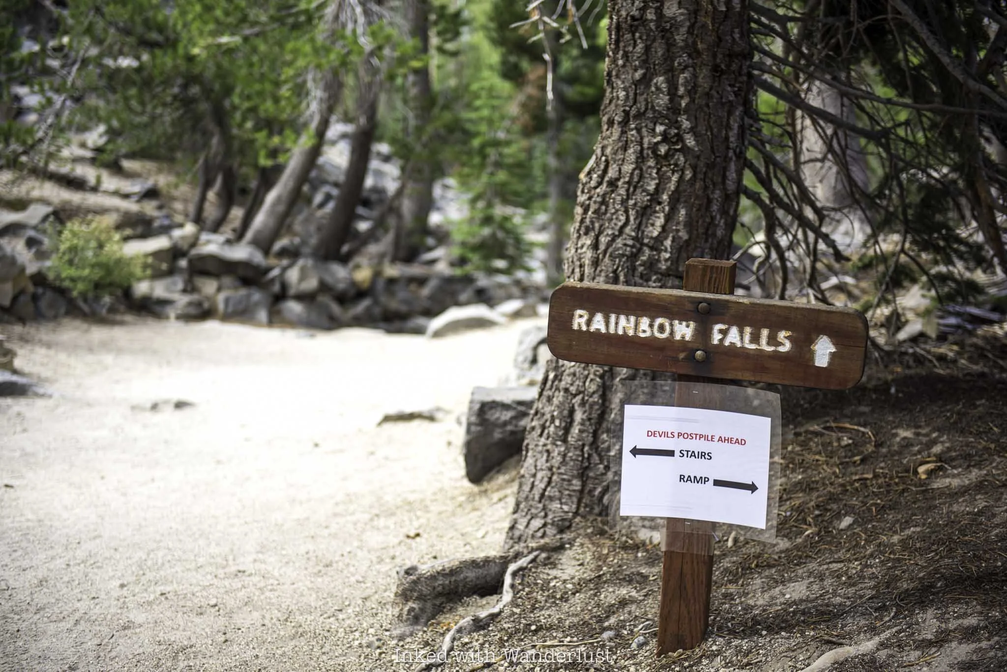 Trail signage to Rainbow Falls in California.