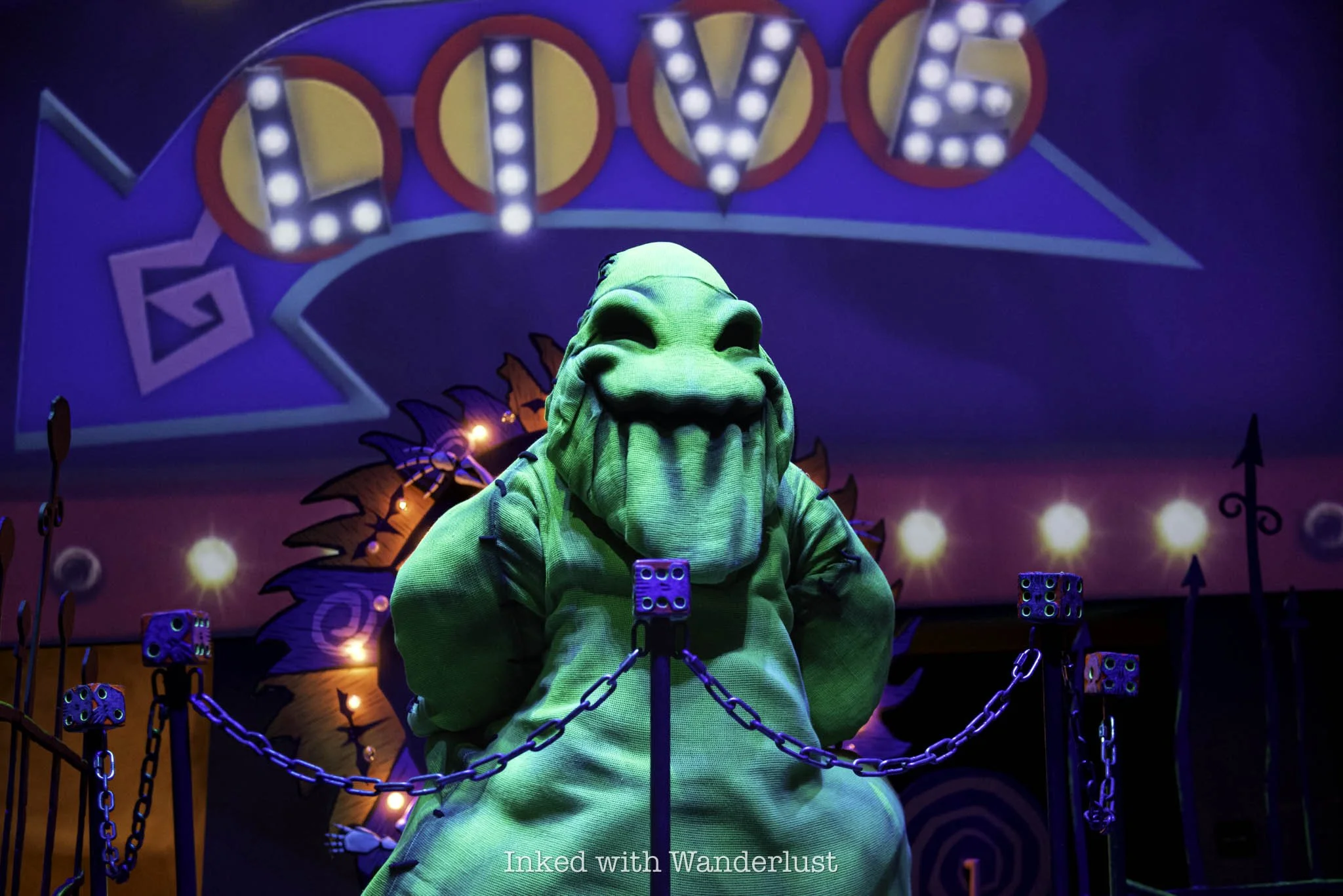Oogie Boogie greeting guests during Oogie Boogie Bash.