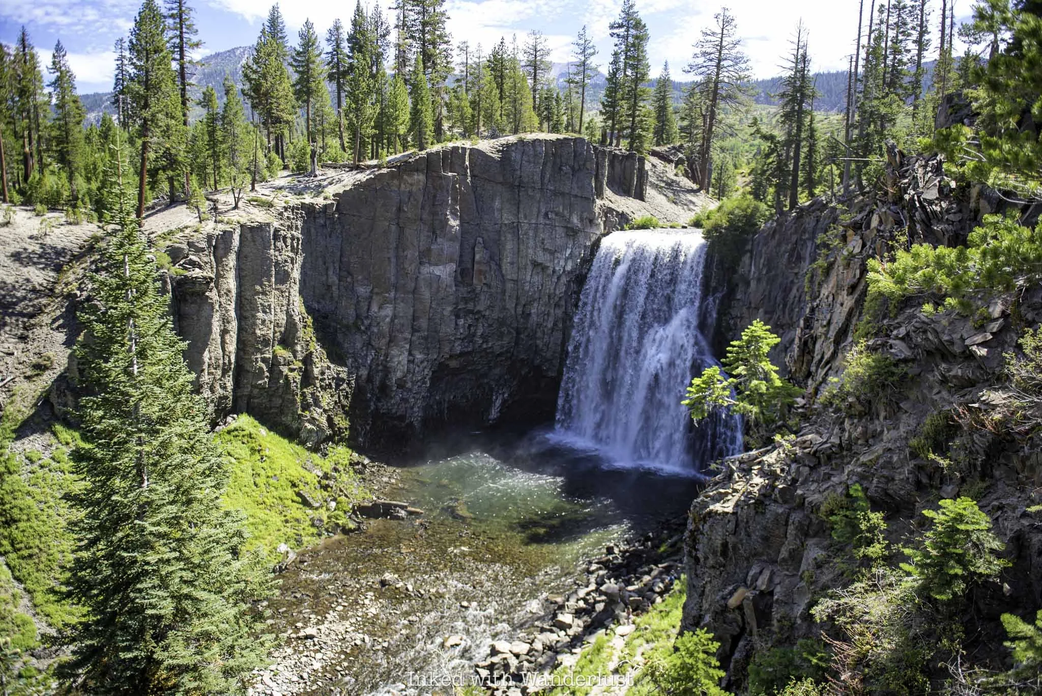 A from above view of Rainbow Falls in California.
