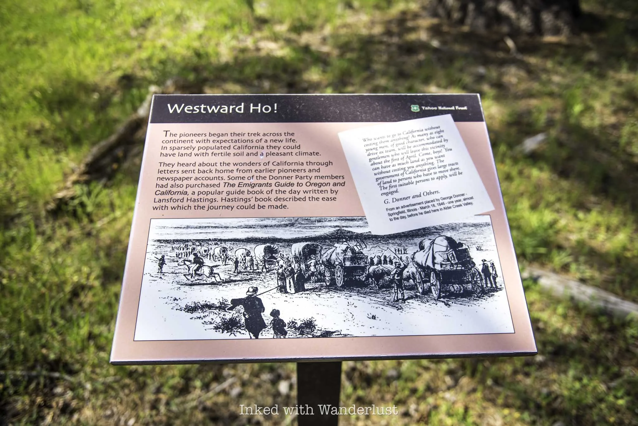 One of the interpretive signs along the Donner Camp Trail at Alder Creek.