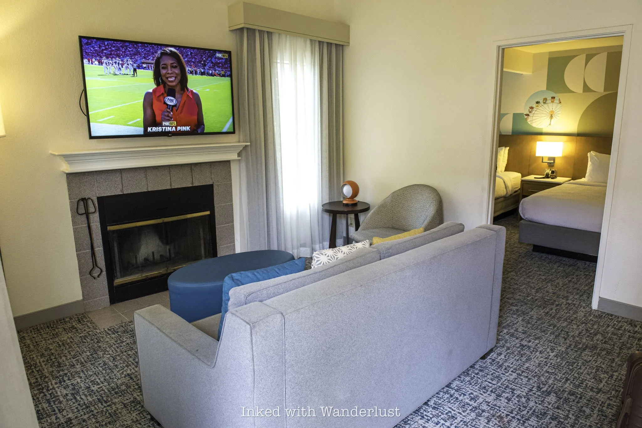 The living space in the bi-level loft at Clementine Hotel and Suites Anaheim.
