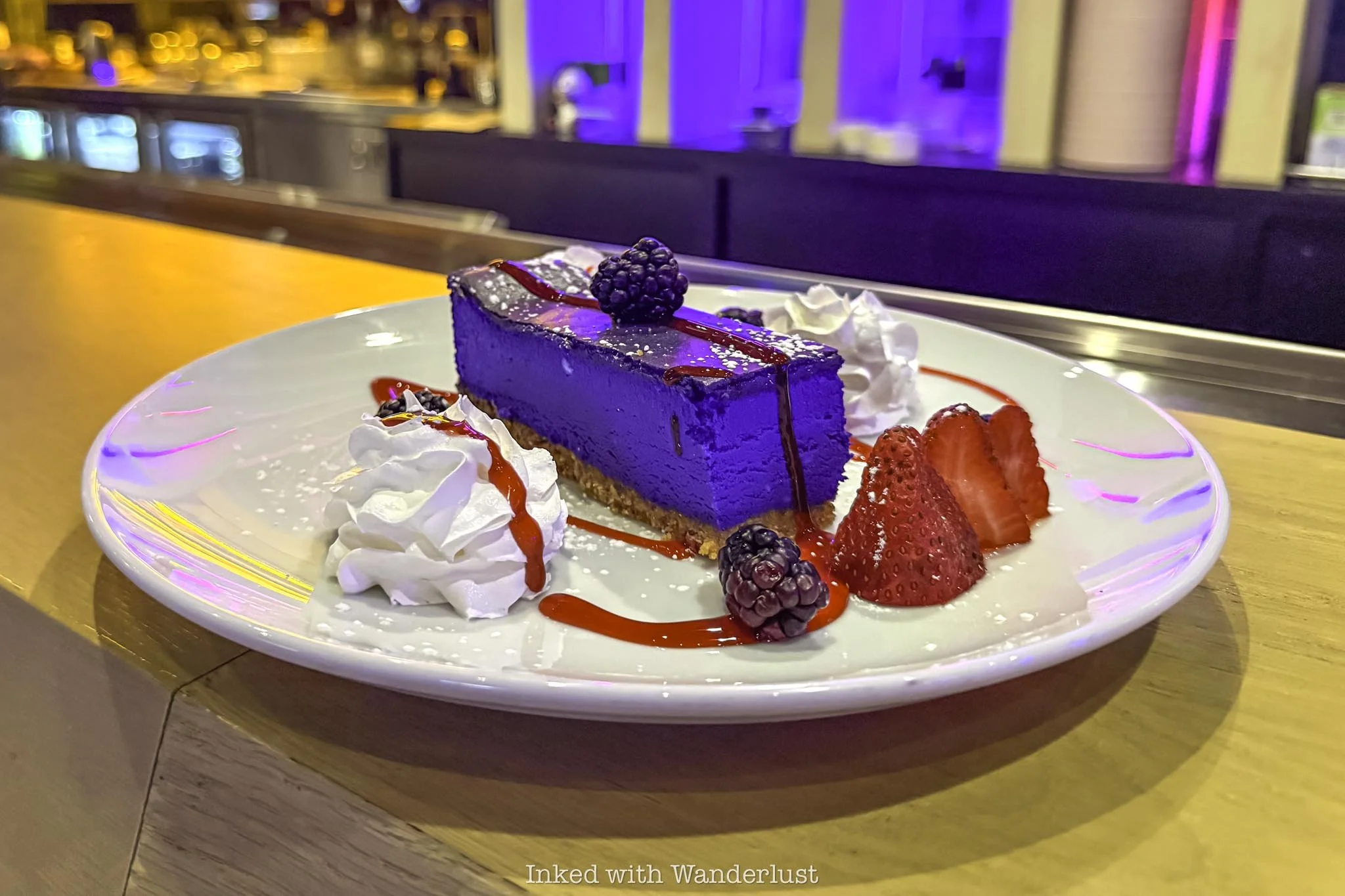 The ube cheesecake dessert at Kaia inside Area 15 Las Vegas.