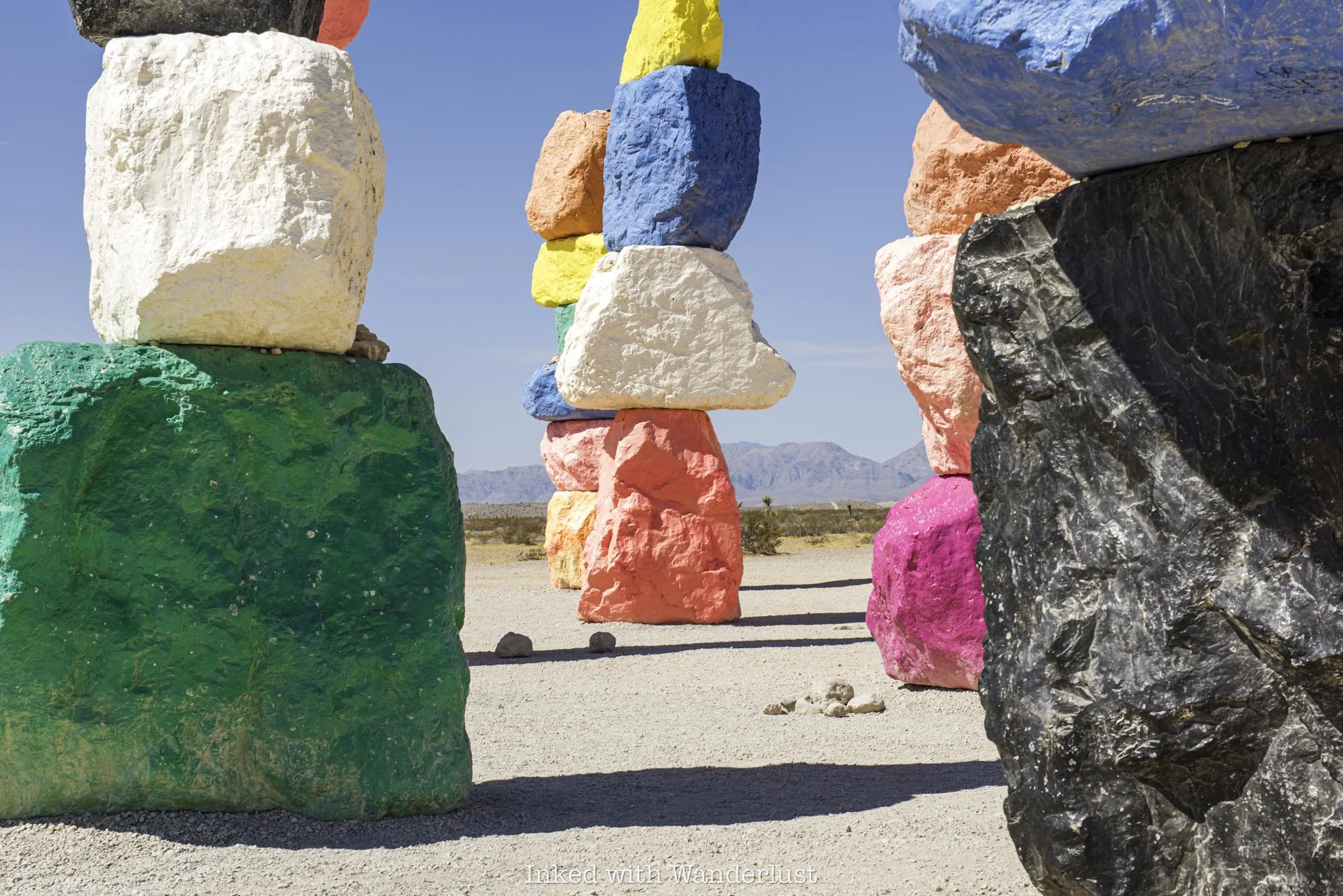 The Seven Magic Mountain pillars up close.
