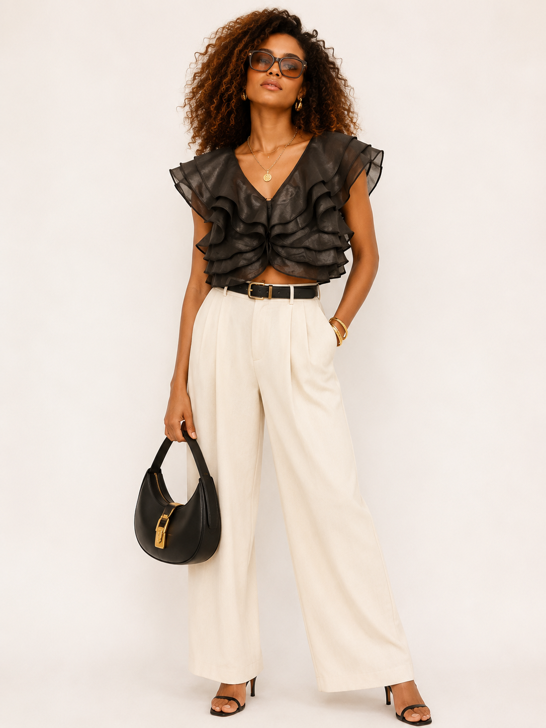 Elegant Black Ruffle Organza Crop Top