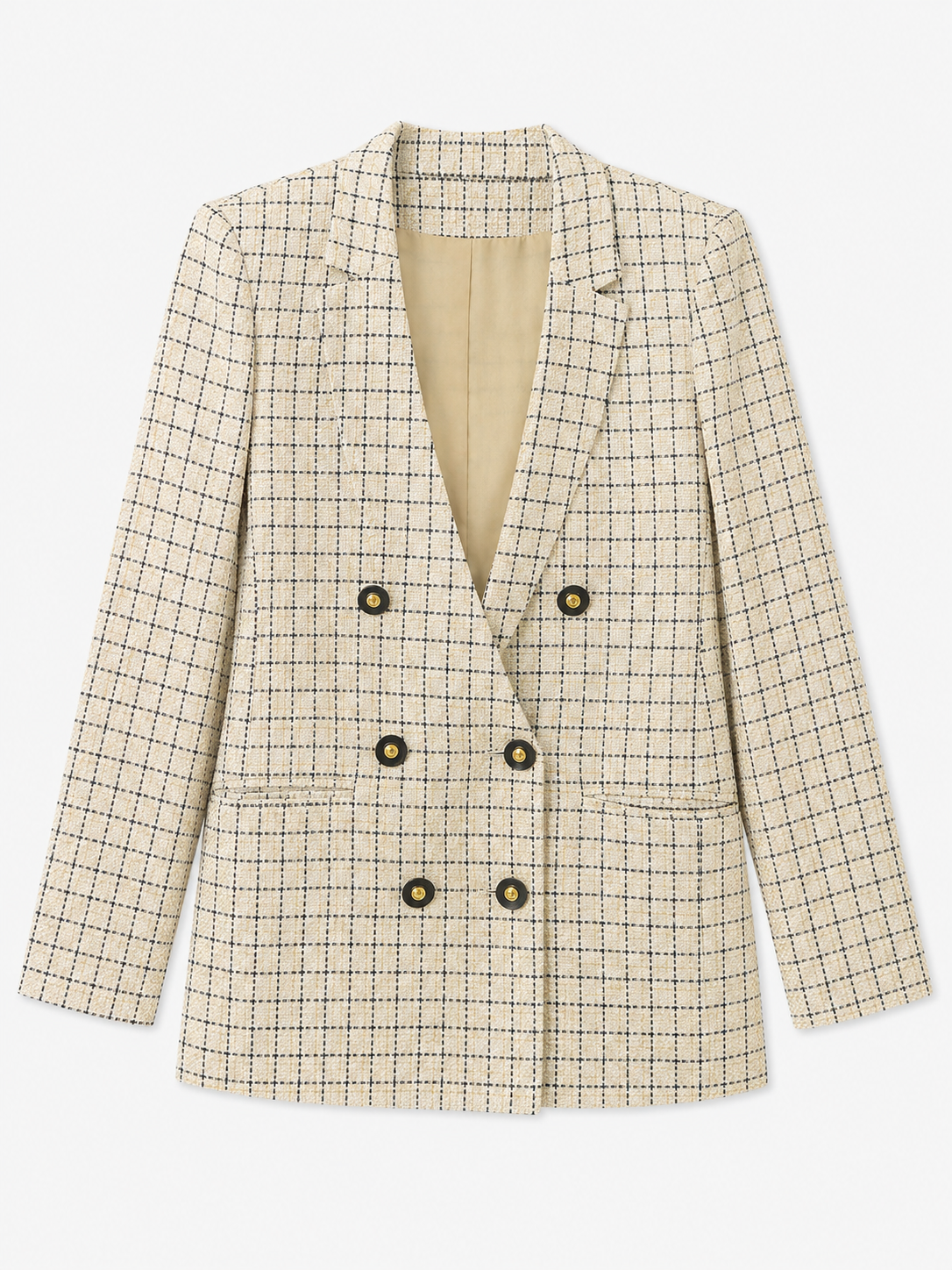 Cream Windowpane Double-Breasted Blazer