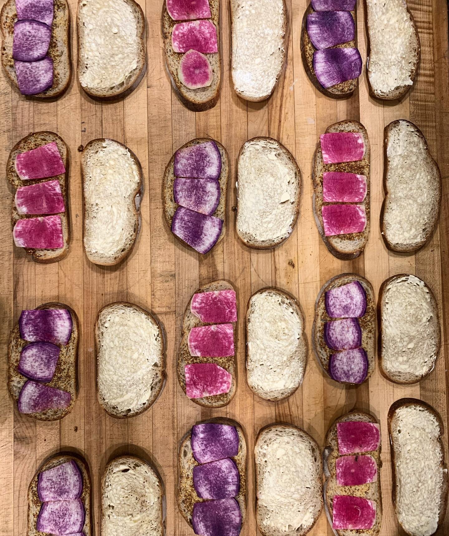 Pork and Smoked Gouda sandwiches in the making. Purple daikon and watermelon radishes make the best garnish 💜💕