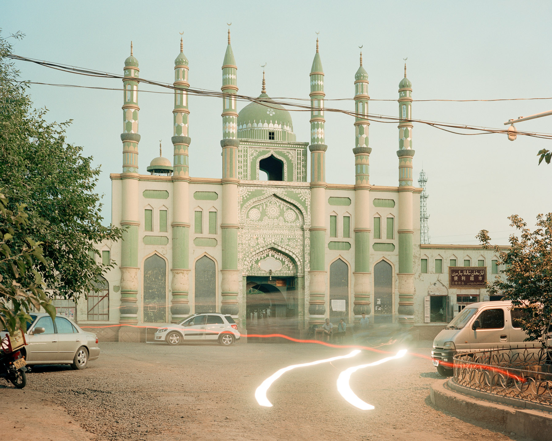  June 2016. Xinjiang province, China. Mosque at night in the city of Turpan.  