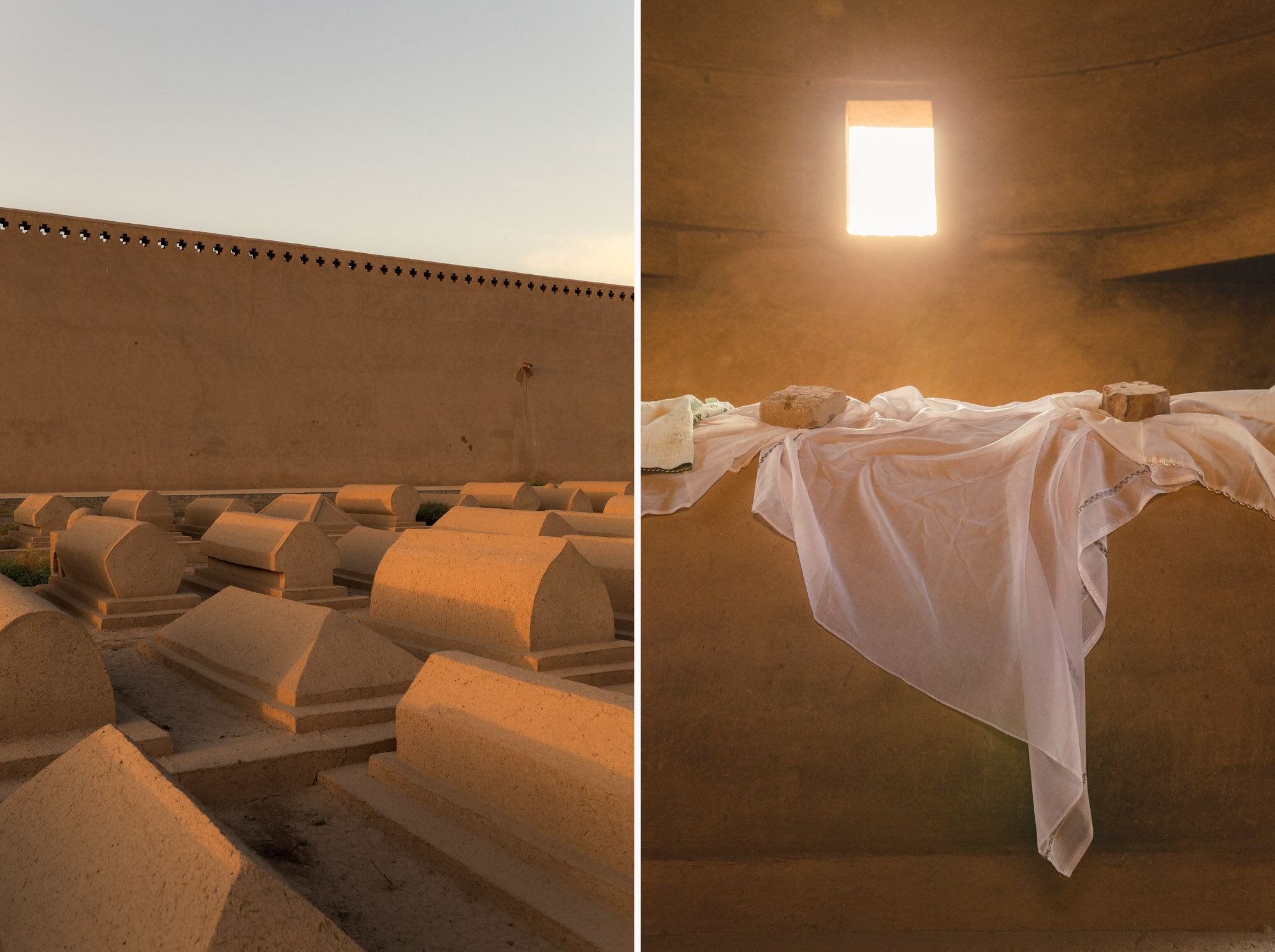  September 26th 2019. Turpan, Xinjiang province, China. A scarf rests on a tomb in the burial ground on the site of the Emin Minaret and Mosque. 