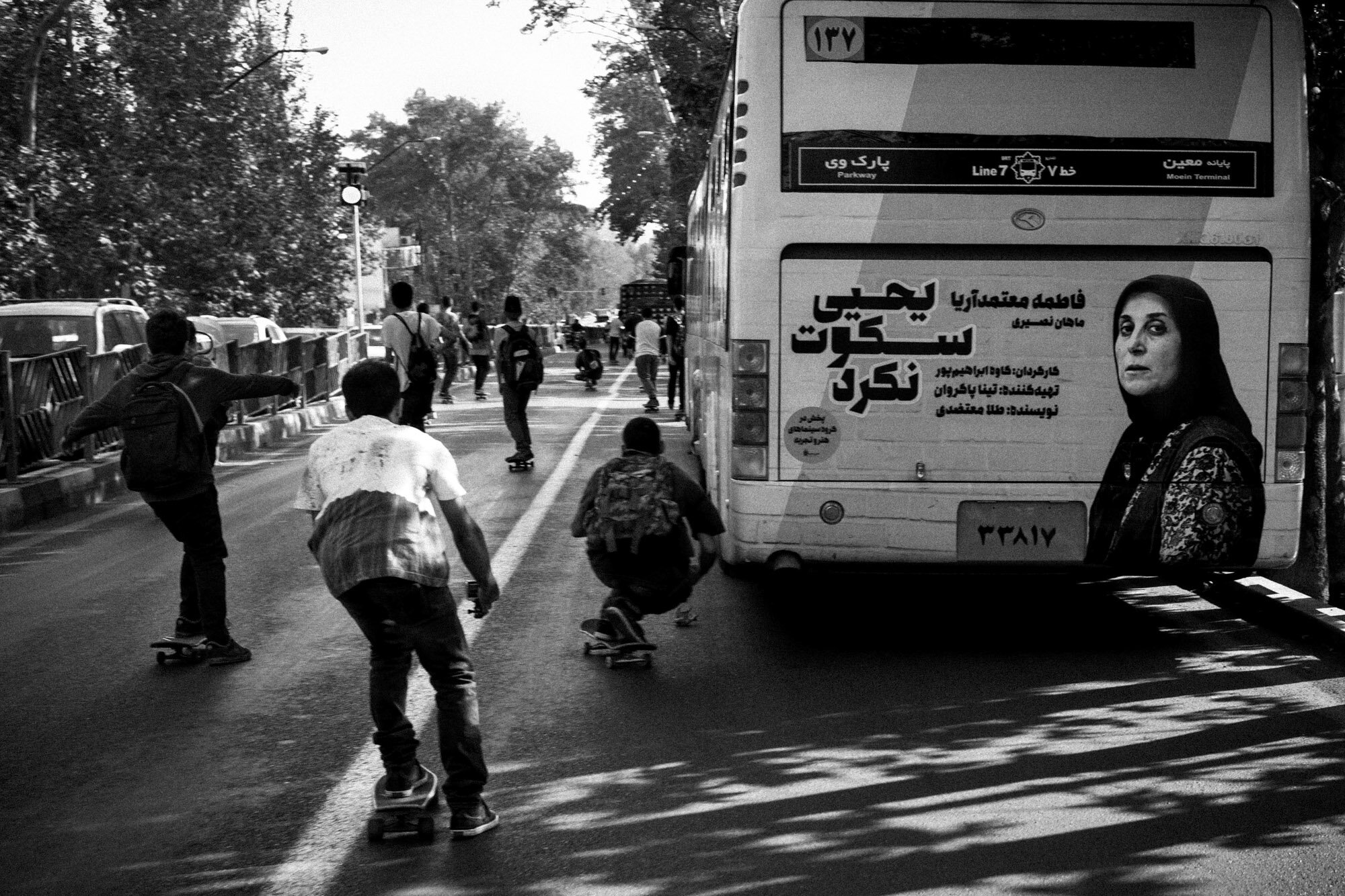  Young Iranians skateboard down Valiasr Street in the north of Tehran on September 21, 2015. 