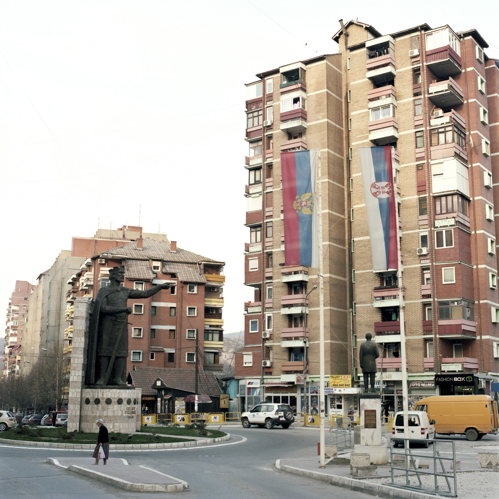 A statue of Prince Lazar of Serbia and Serbian flags in north Mitrovica, Kosovo, on March 24, 2017.