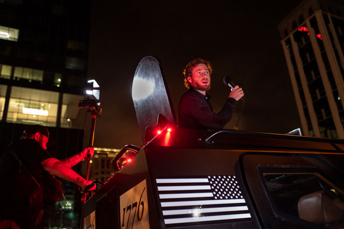  November 12th 2020 - Owen Schroyer, one of the presenter of Infowars and instigator of the #Stopthesteal Caravan makes a speech from the transformed car in Richmond, Virginia during a rally protesting against the results of the US Election. 