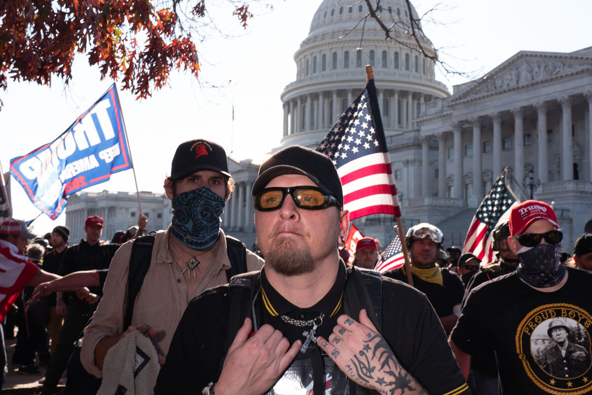  November 14th 2020 - A member of the Proud Boys is leading the group in a side demonstration in front of the Capitol during the Million Maga March in Washington. After the results of the US Presidential Election where called by AP, thousands of trum
