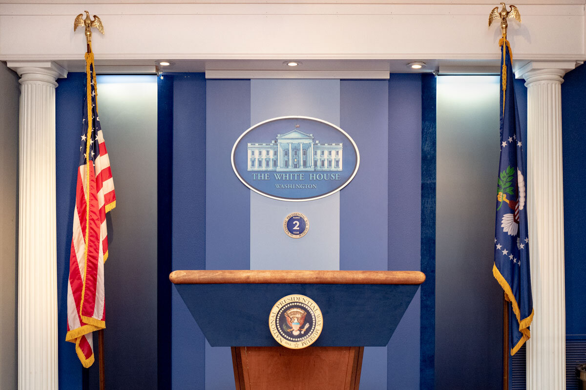  January 12th 2021 - Reproduction of the empty Press Conference room of the White House in the Presidential Wax Museum in Keystone South Dakota. During his mandate, the room has mostly remained empty and the president was delivering his speechs where