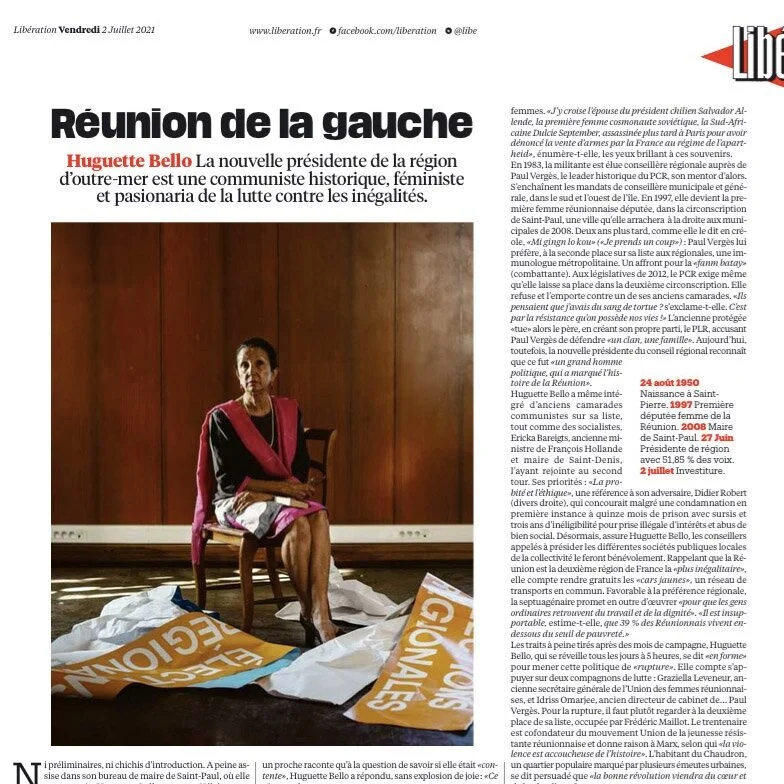 Portrait of Huguette Bello in Liberation | Romain Philippon