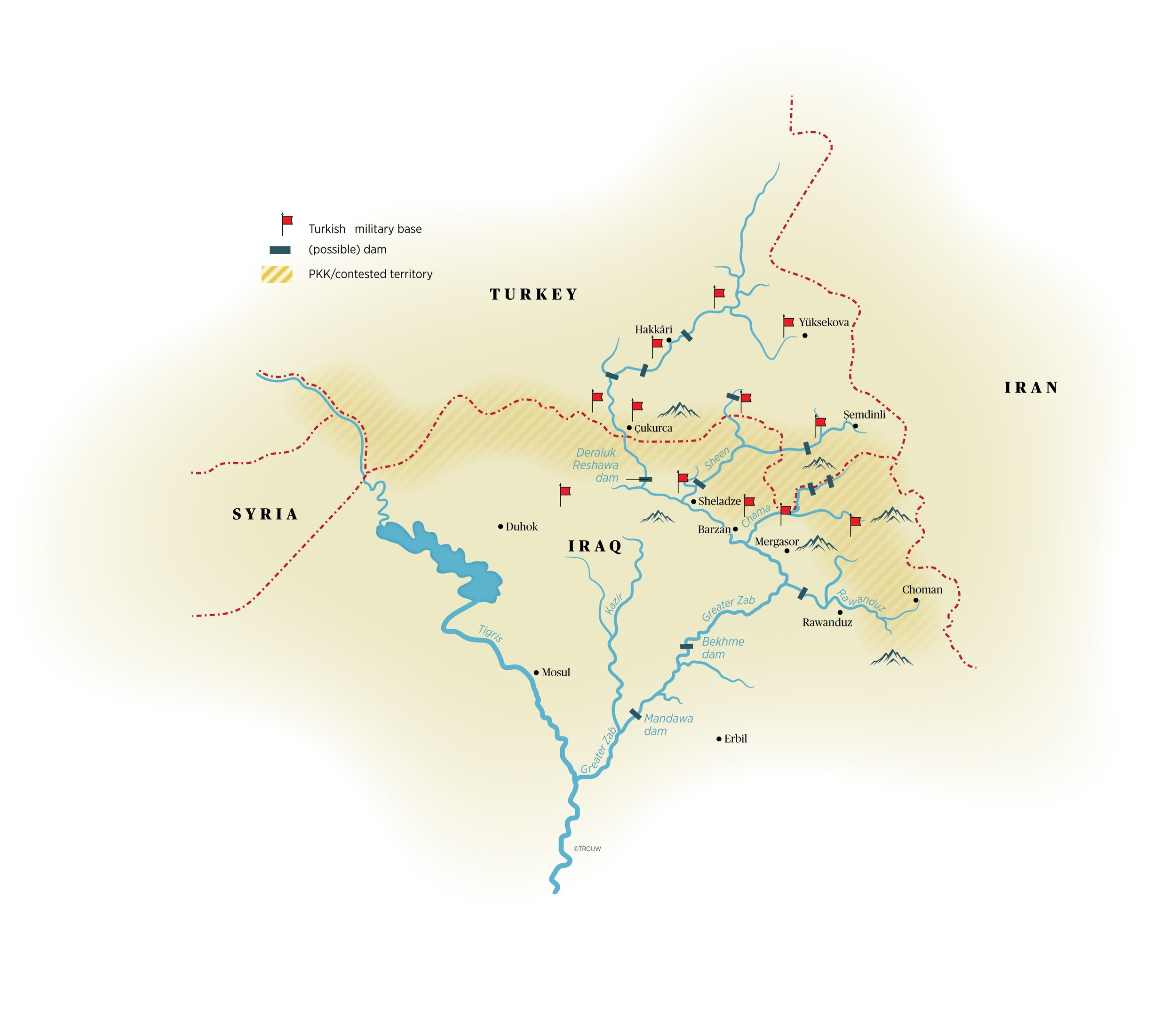  Map of the Greater Zab basin. Sows the planned dams, national borders and areas of influence of conflicting parties.  