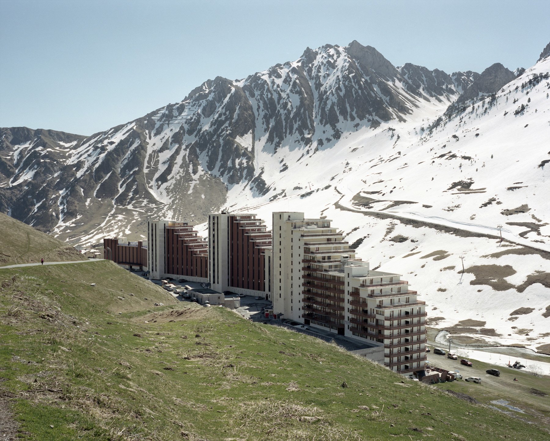 France, La Mongie. 2017. A view of a building belonging to a ski resort. According to the European Environment Agency, Europe’s mountain regions may suffer some of the most severe impacts of climate change. Increasing temperatures can change snow-co