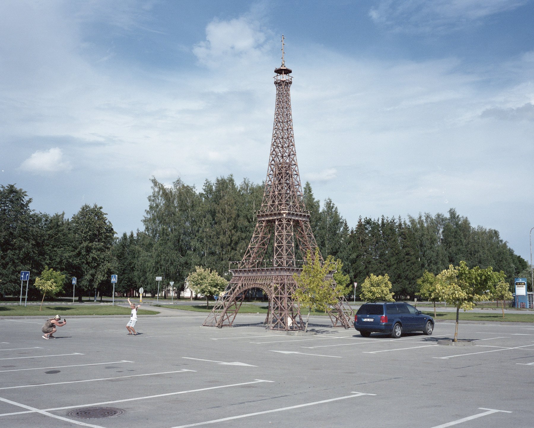  Lithuania, Mazeikiai., 2020. A reproduction of an Eiffel tower in fron of a shopping center named “Eiffel”. 