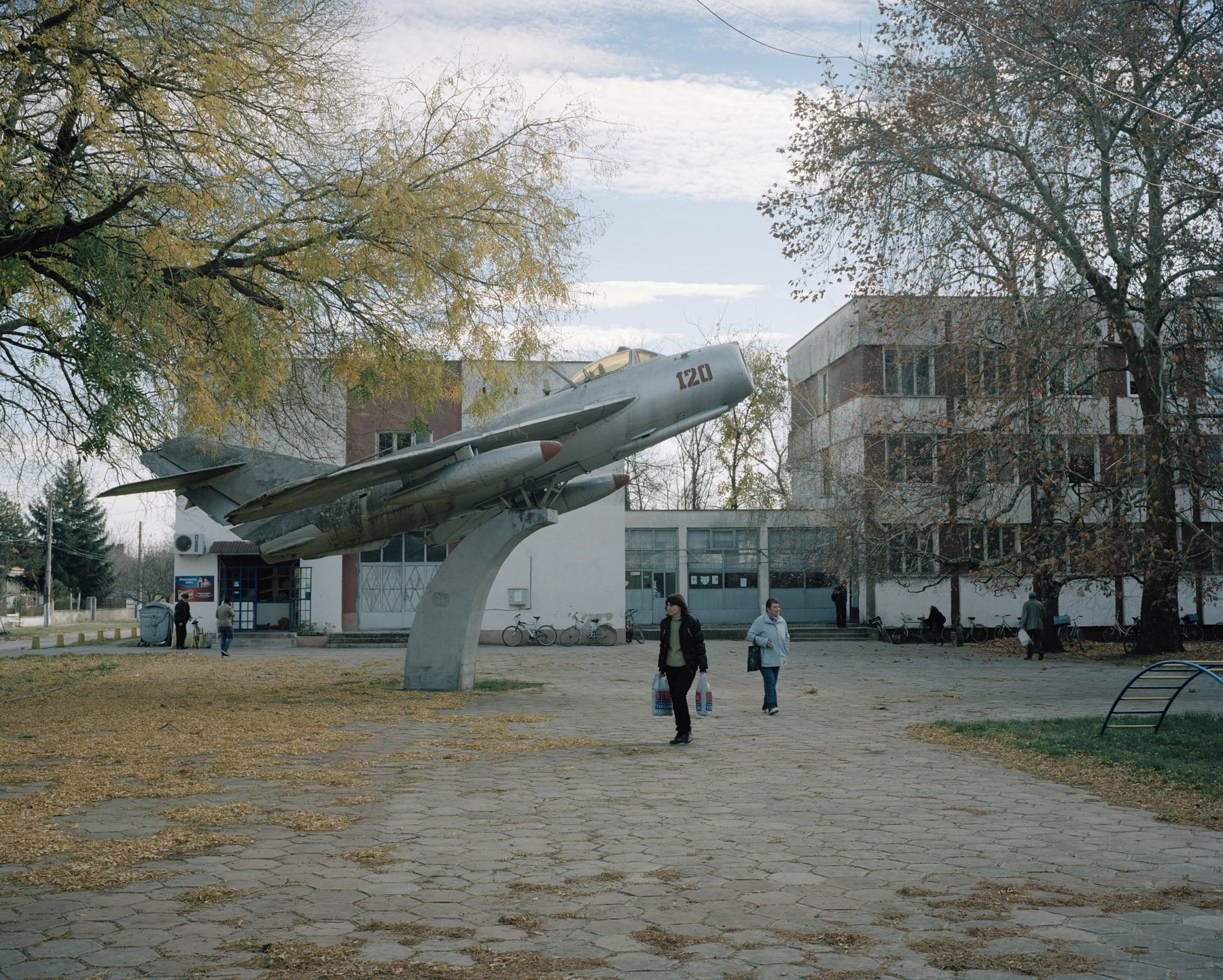  Bulgaria, Bardaski Geran. 2016. A MIG plane, Russian Cold War jet fighter aircraft in front of the Town Hall. In Bulgaria are still present several war-related monuments. These Russian Military monuments, standing in the places where they are displa