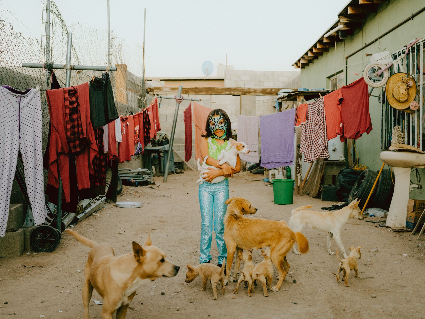 Atziry (9) stands in her courtyard in Ciudad Juárez, Mexico, holding one of seven dogs that provide security in a dangerous environment. In Juárez, where women face persistent threats, even home isn’t always safe. As the daughter of Baby Star, forme