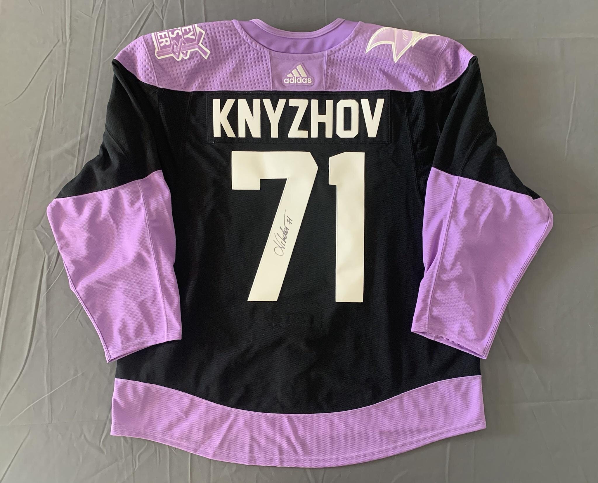 Nikolai Knyzhov 2020-2021 San Jose Sharks Hockey Fights Cancer Warmup Worn  Jersey — Desert Hockey Threads
