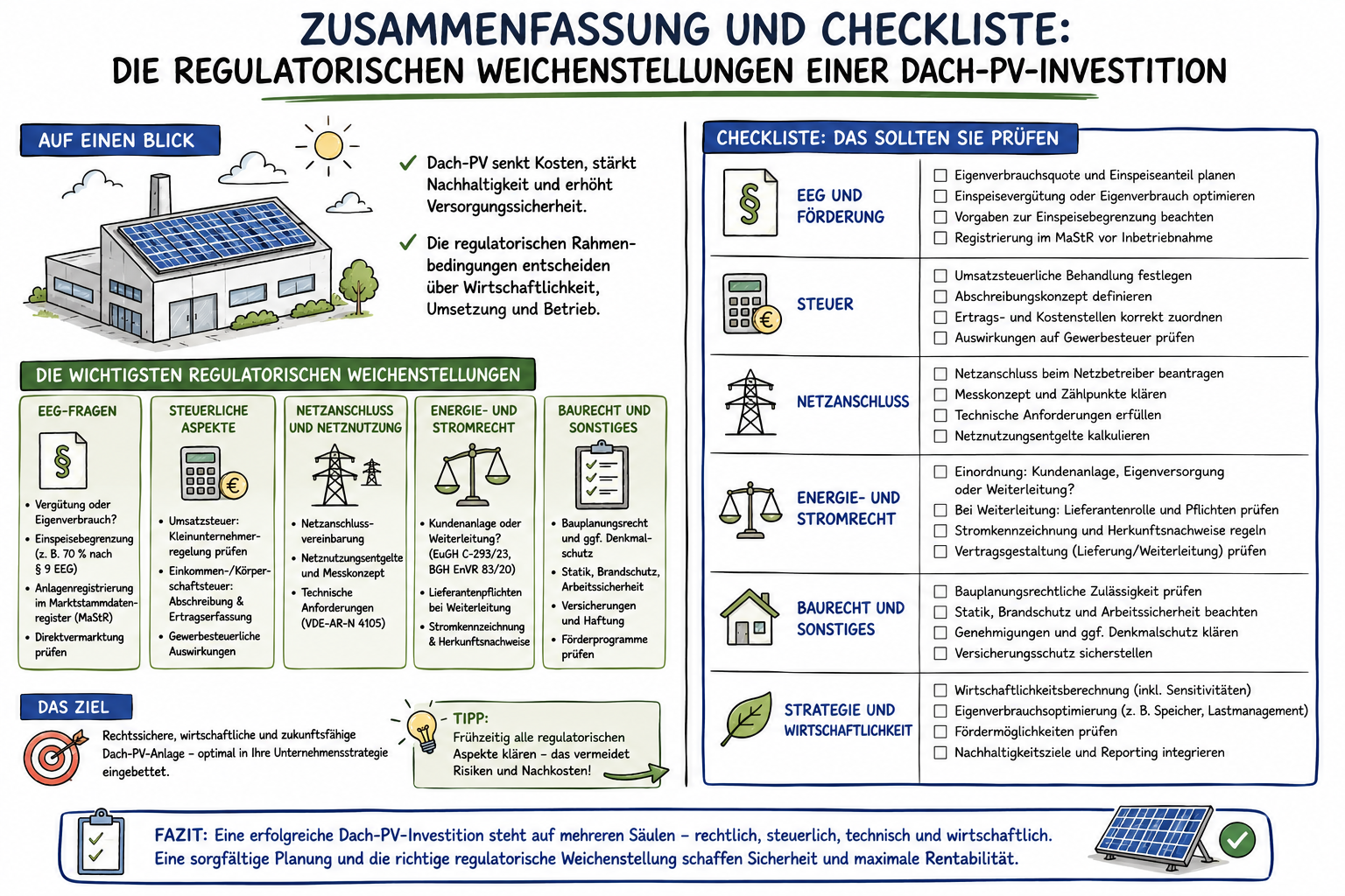 Zusammenfassung und Checkliste: Die regulatorischen Weichenstellungen einer Dach-PV-Investition