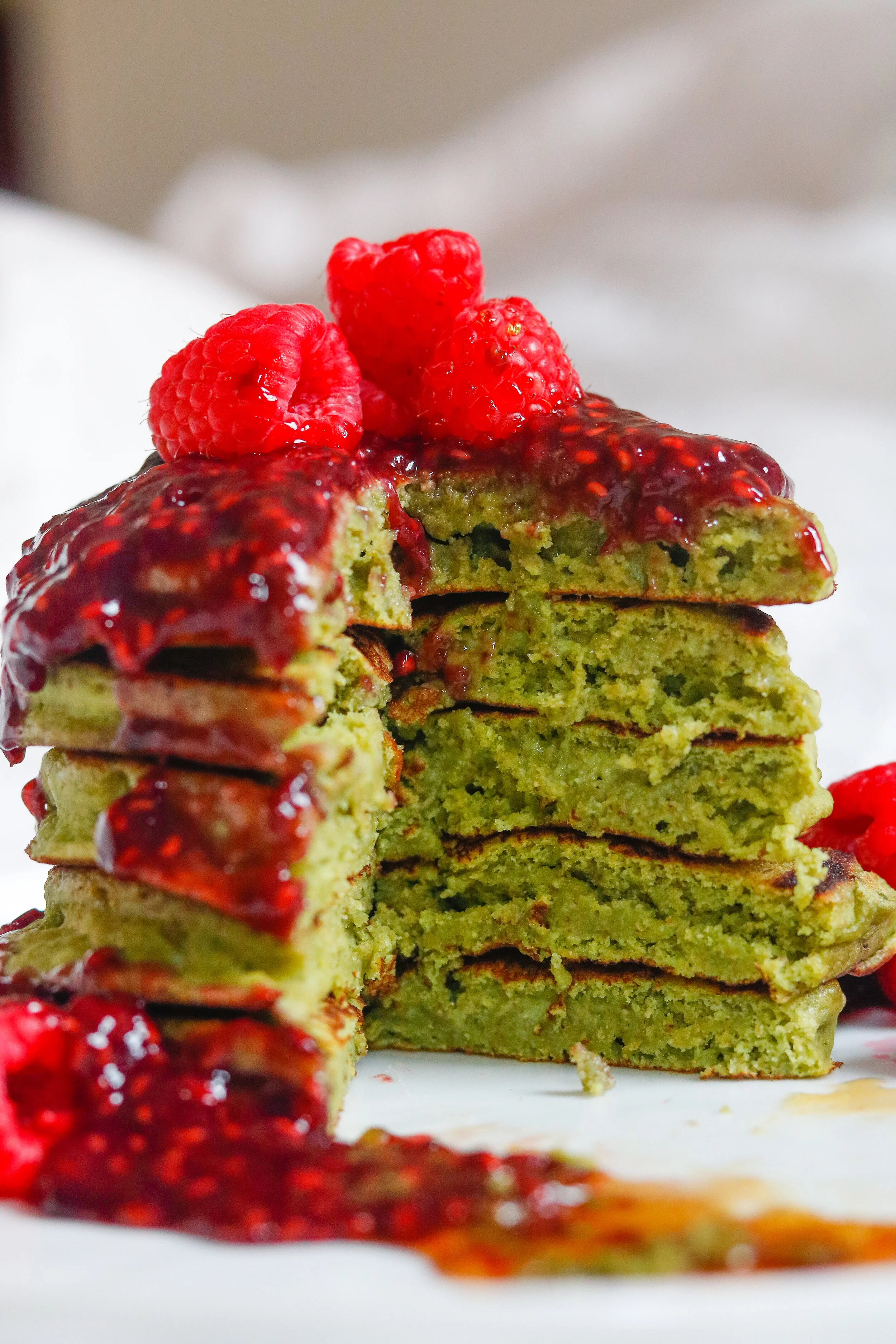 Matcha Pancakes with Raspberry Compote