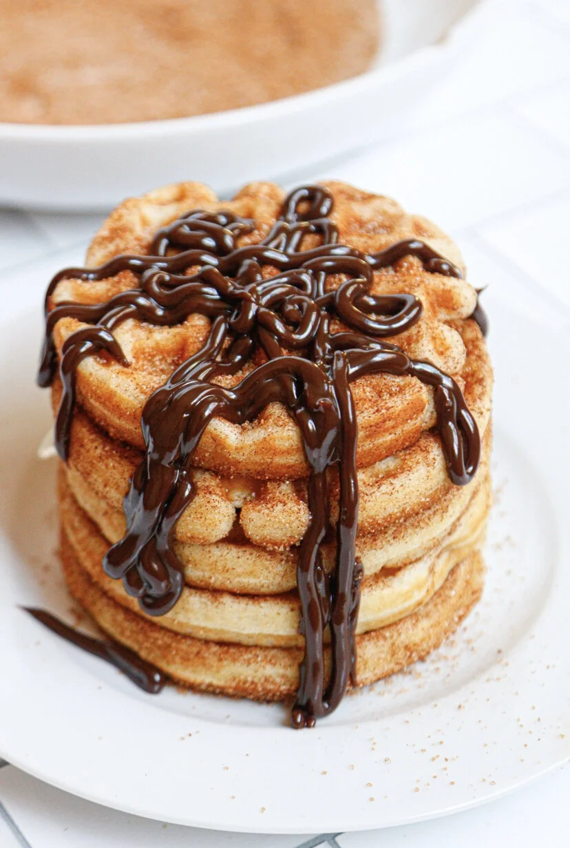 Churro Waffles with Mexican Chocolate Sauce 