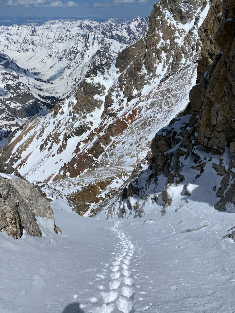 Looking back at the steep snow section of the NW Couloir