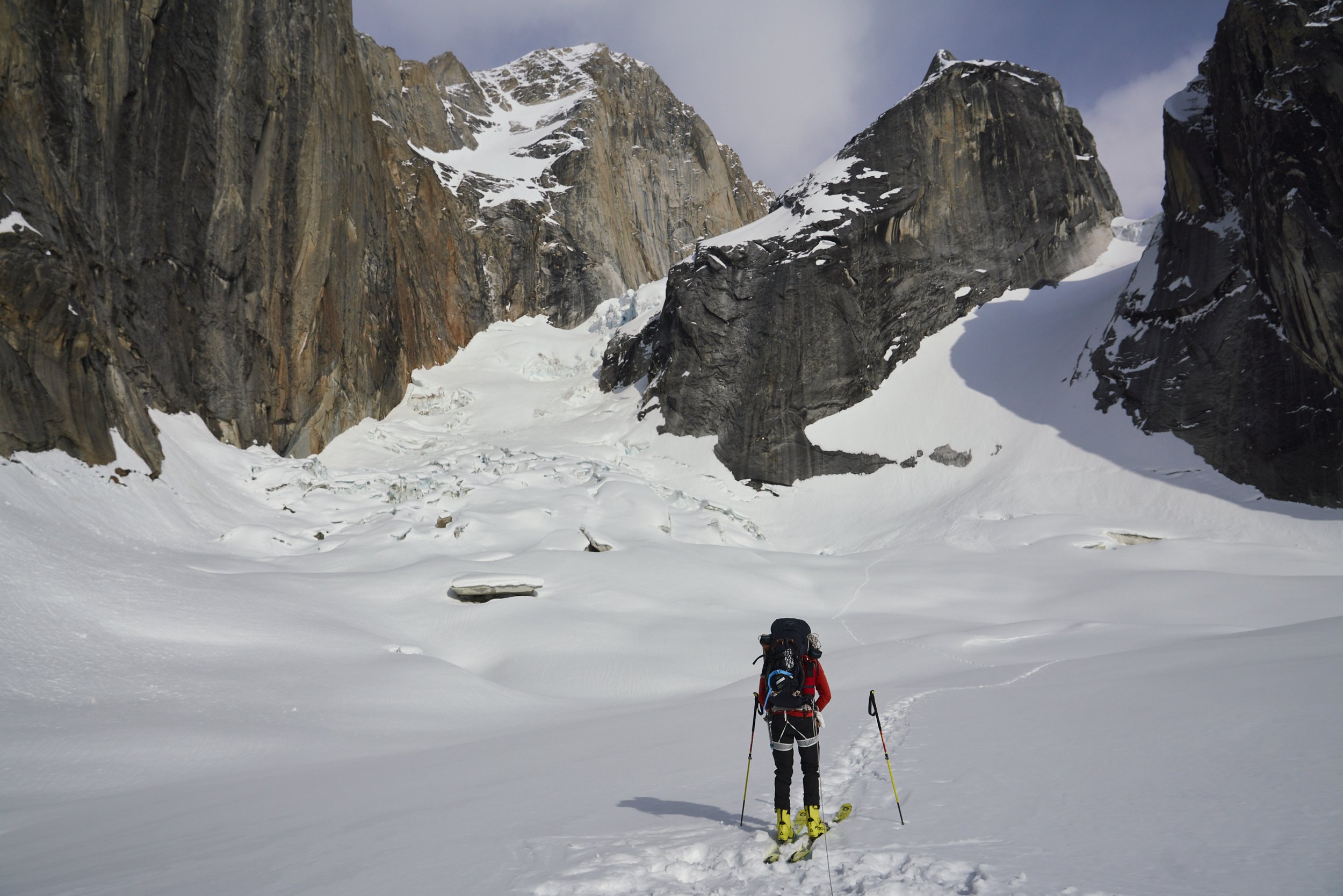 Terrain between the Ruth Gorge and approach couloir. Our previous track can be seen.