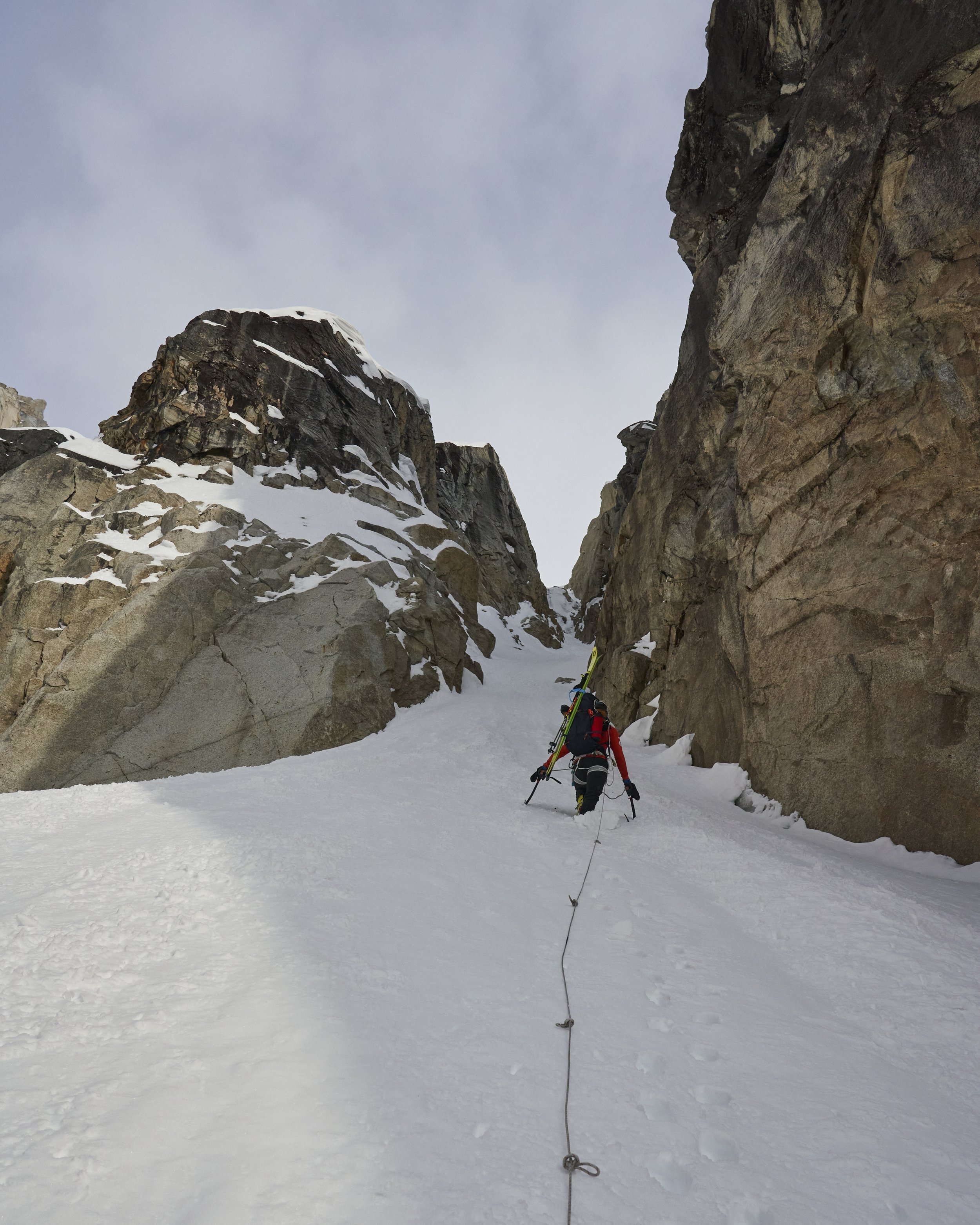 Booting up the approach couloir.