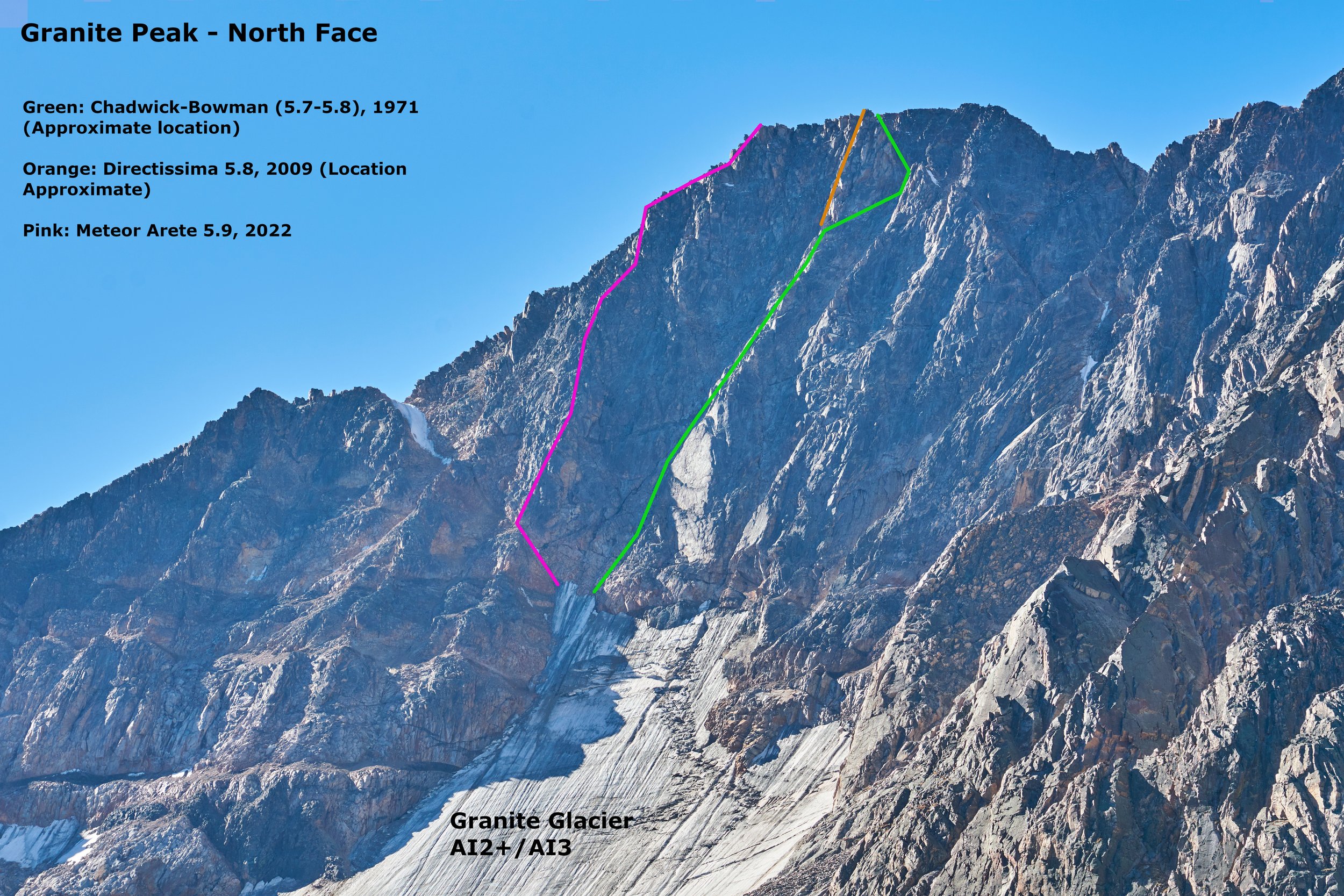 My best attempt at a route overlay of the North Face of Granite. Location of 2 existing routes is very approximate.