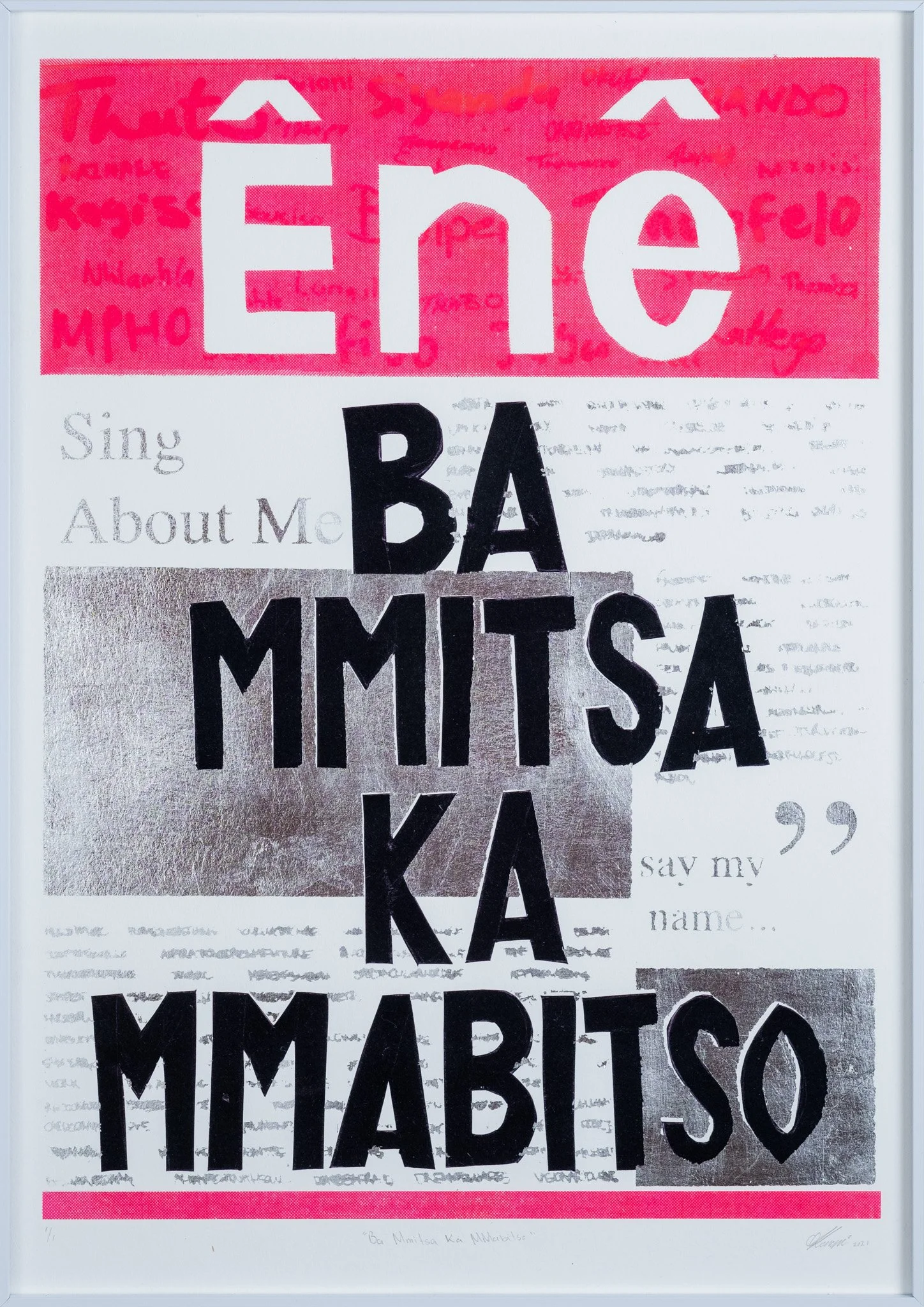   Title:   BA MMITSA KA MMABITSO&nbsp;    Year:  2022   Medium:  Digital archival print on Textured silk with SILVER-leaf   Dimensions:  60 x 42.5 x 5cm&nbsp;   Frame : Aluminum    