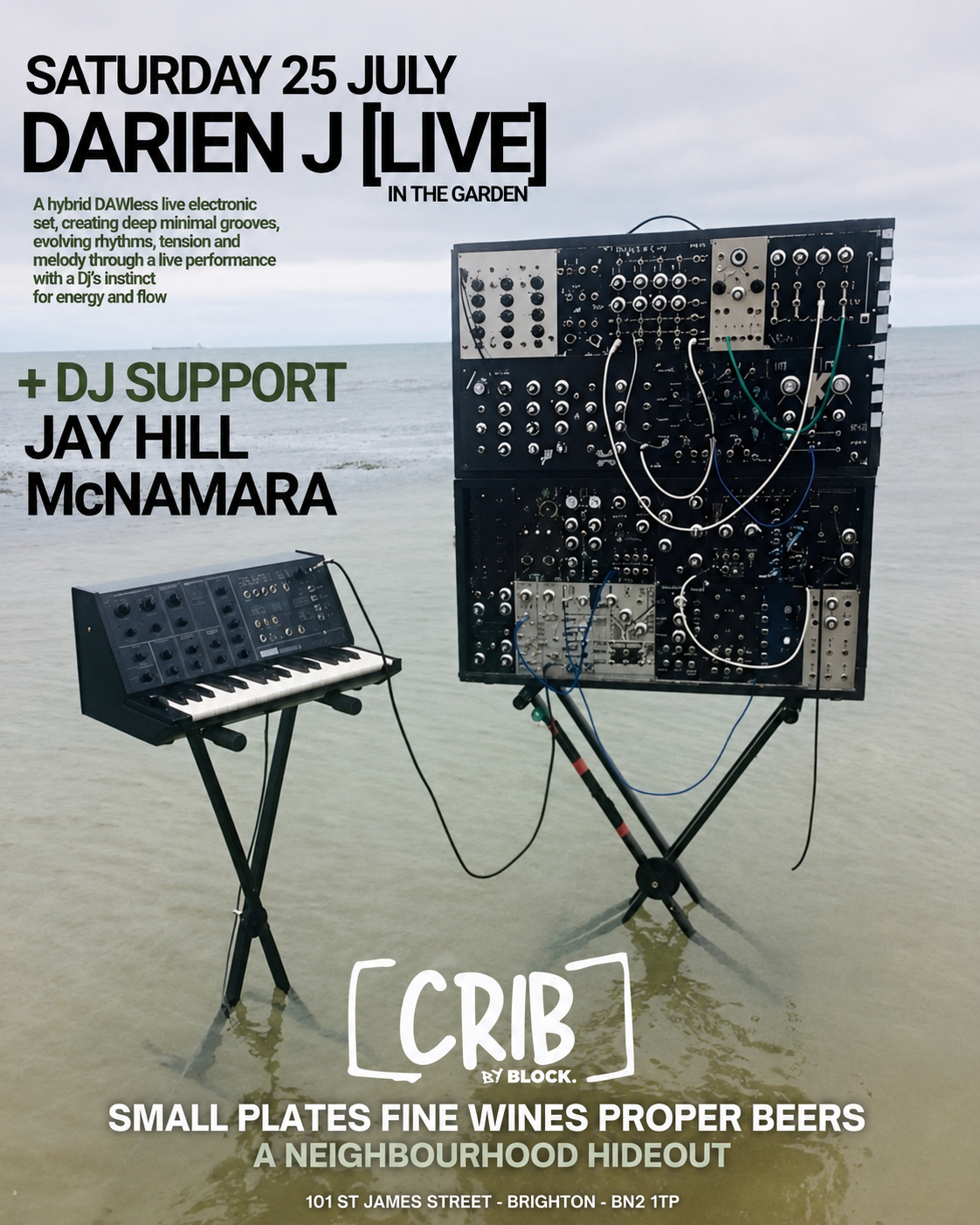 Artwork for Saturday's event with Darien J Live, Jay Hill and Mcnamara. Showing a live analog setup in the sea